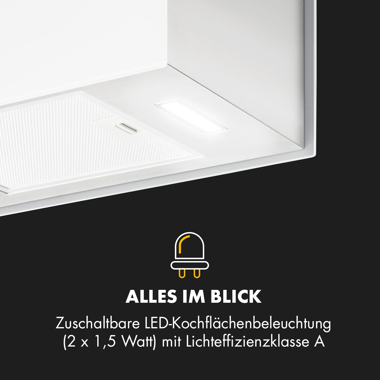 Weiße Küchenhaube mit eingeschaltetem Licht. Der Text lautet 'LED-Kochflächenbeleuchtung' und 'Alles im Blick'.