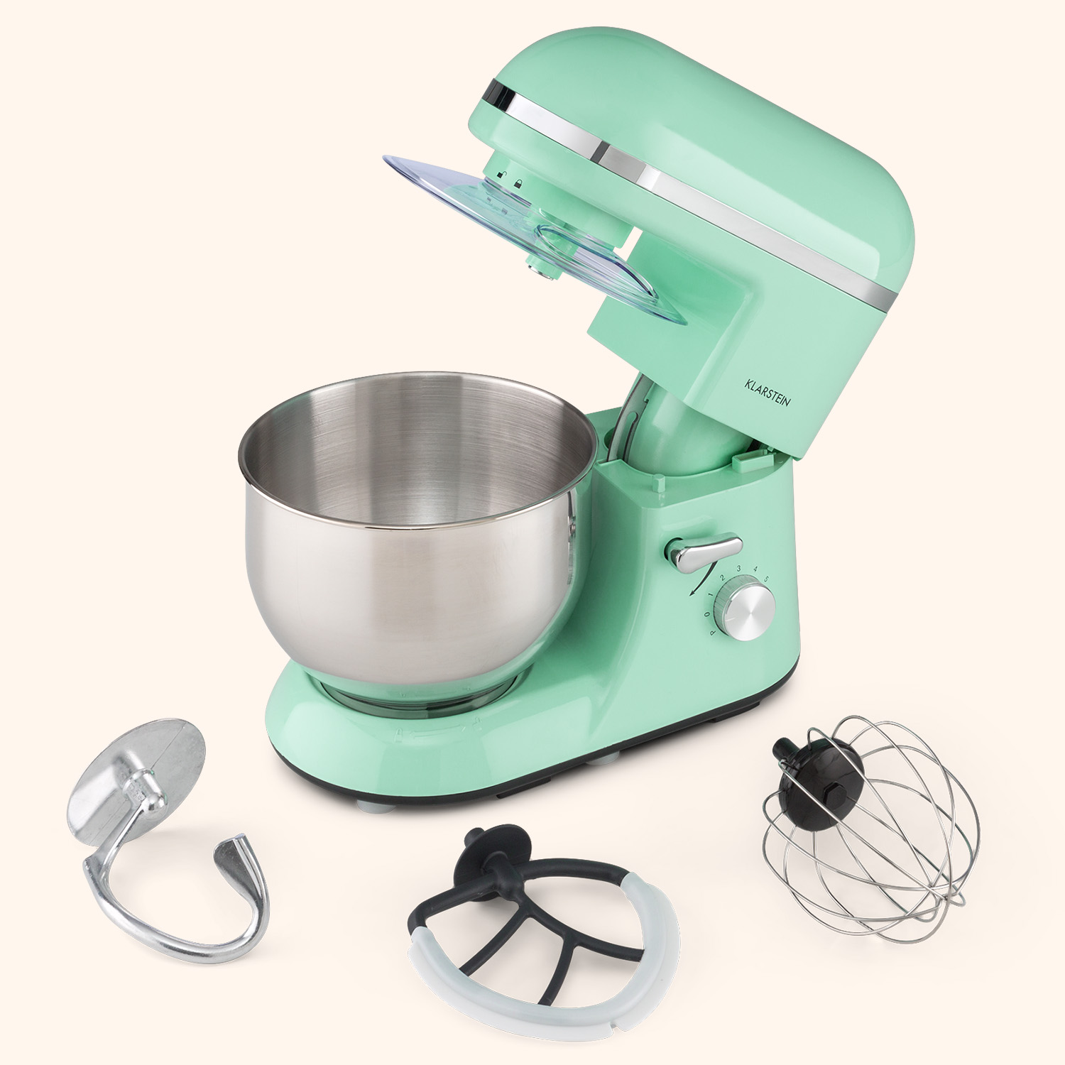 Impastatrice verde menta con ciotola in acciaio inox e accessori.