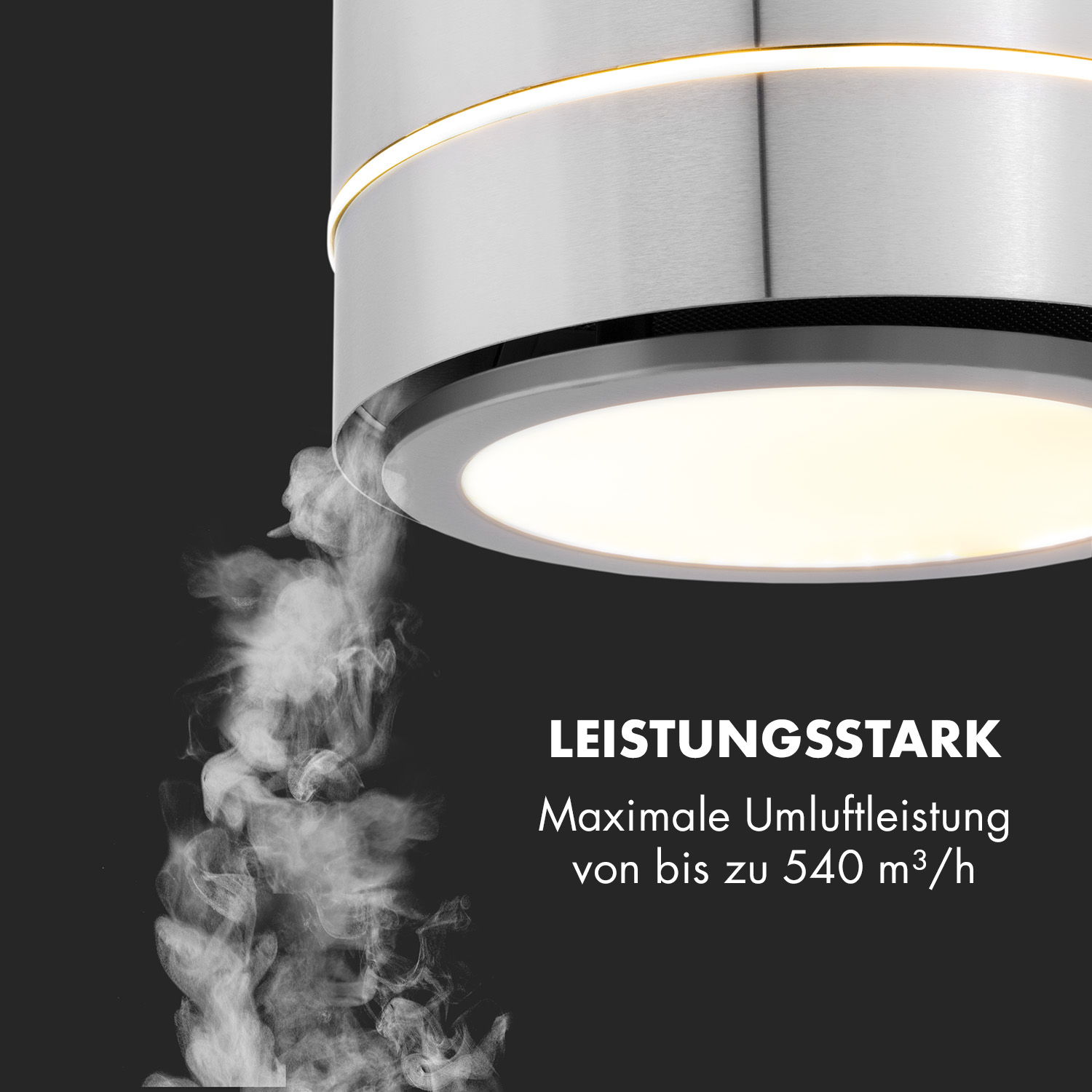 Cappa in acciaio inox con vapore. Testo: Leistungsstark (Potente). Flusso d'aria max fino a 540 m³/h.