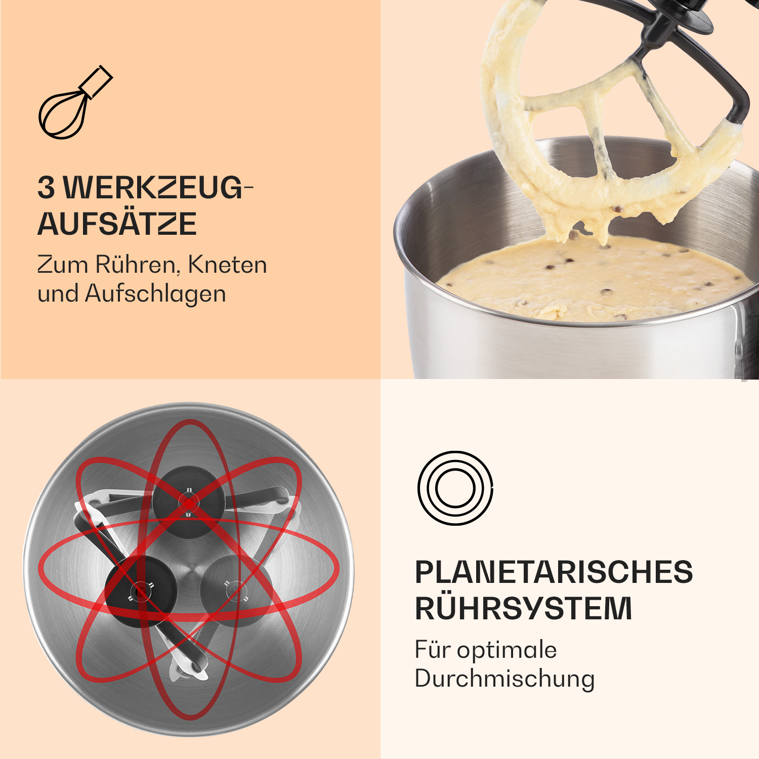 Un mixer con accessori e un sistema di miscelazione planetaria. L'impasto viene miscelato.