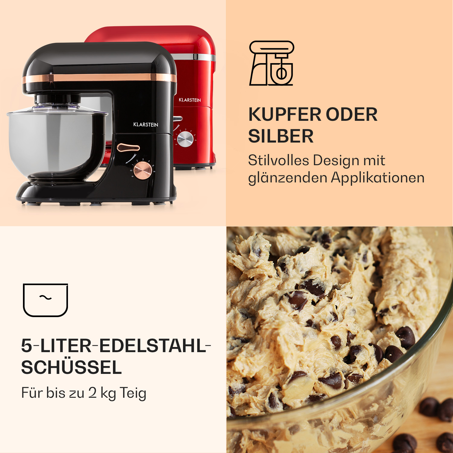 Un mixer da cucina nero e rosso con una ciotola di impasto e testo sul design.
