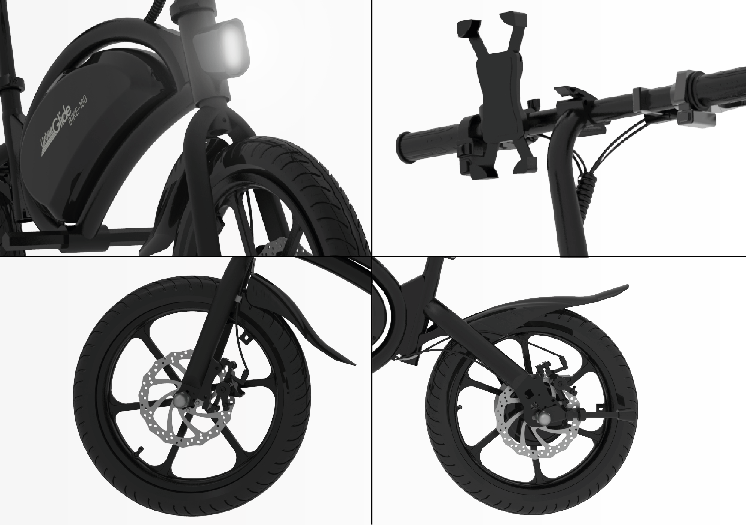 Quattro immagini di una bici elettrica nera, che mostrano vari componenti.