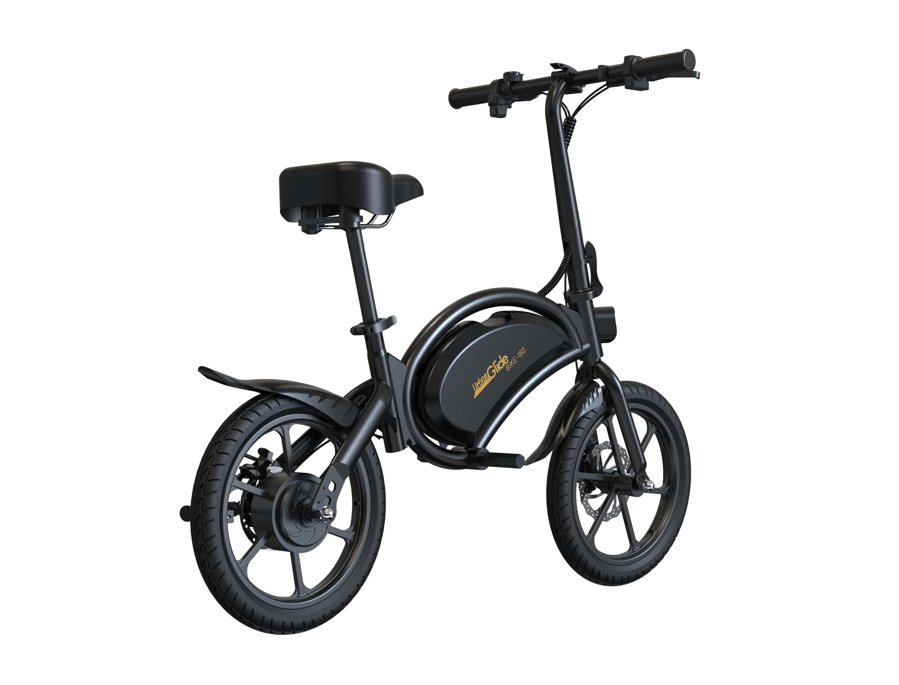 Bicicletta elettrica pieghevole nera con batteria, ruote e manubrio, isolata su bianco.
