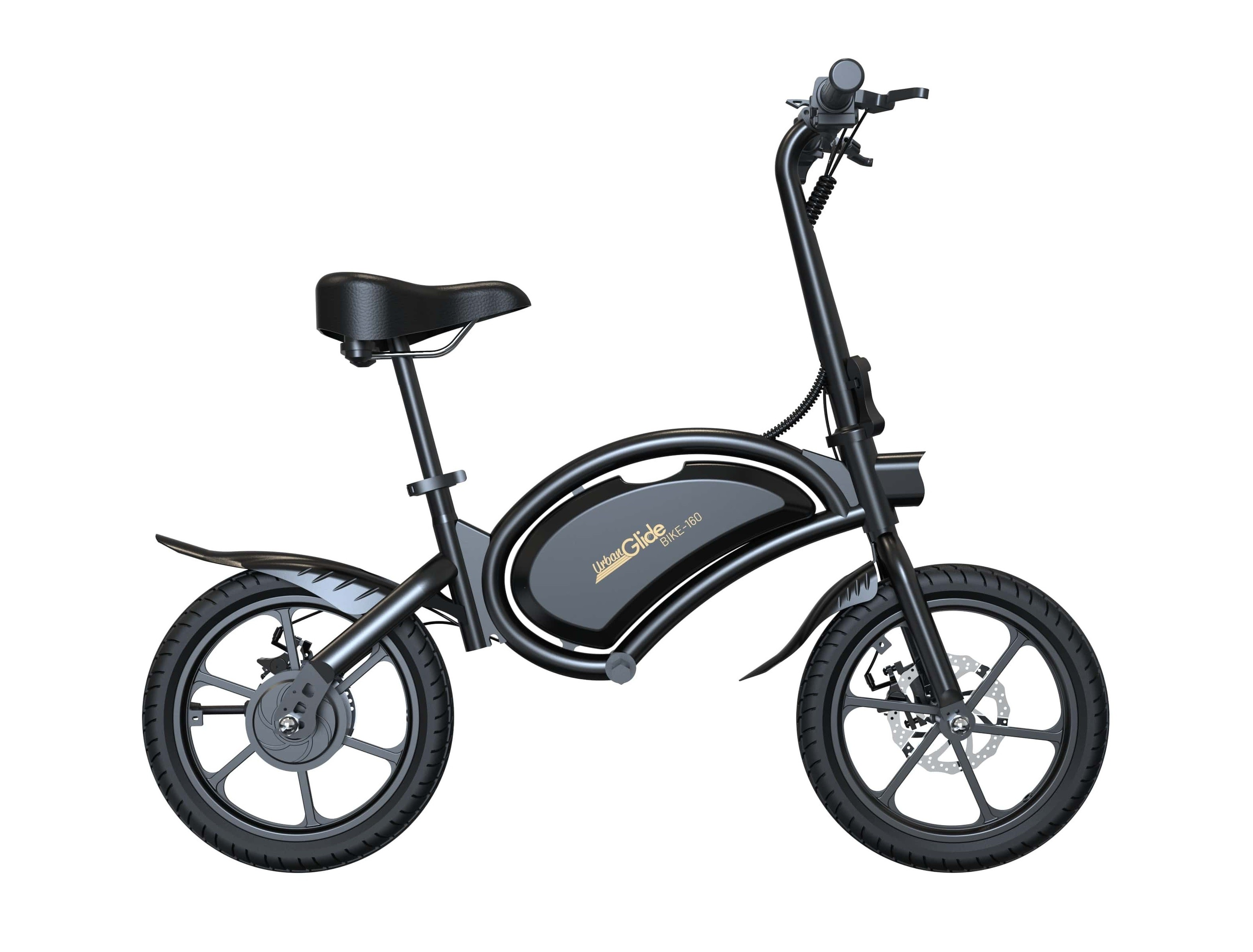 Bicicletta elettrica nera con sella nera e telaio curvo. Su sfondo bianco.