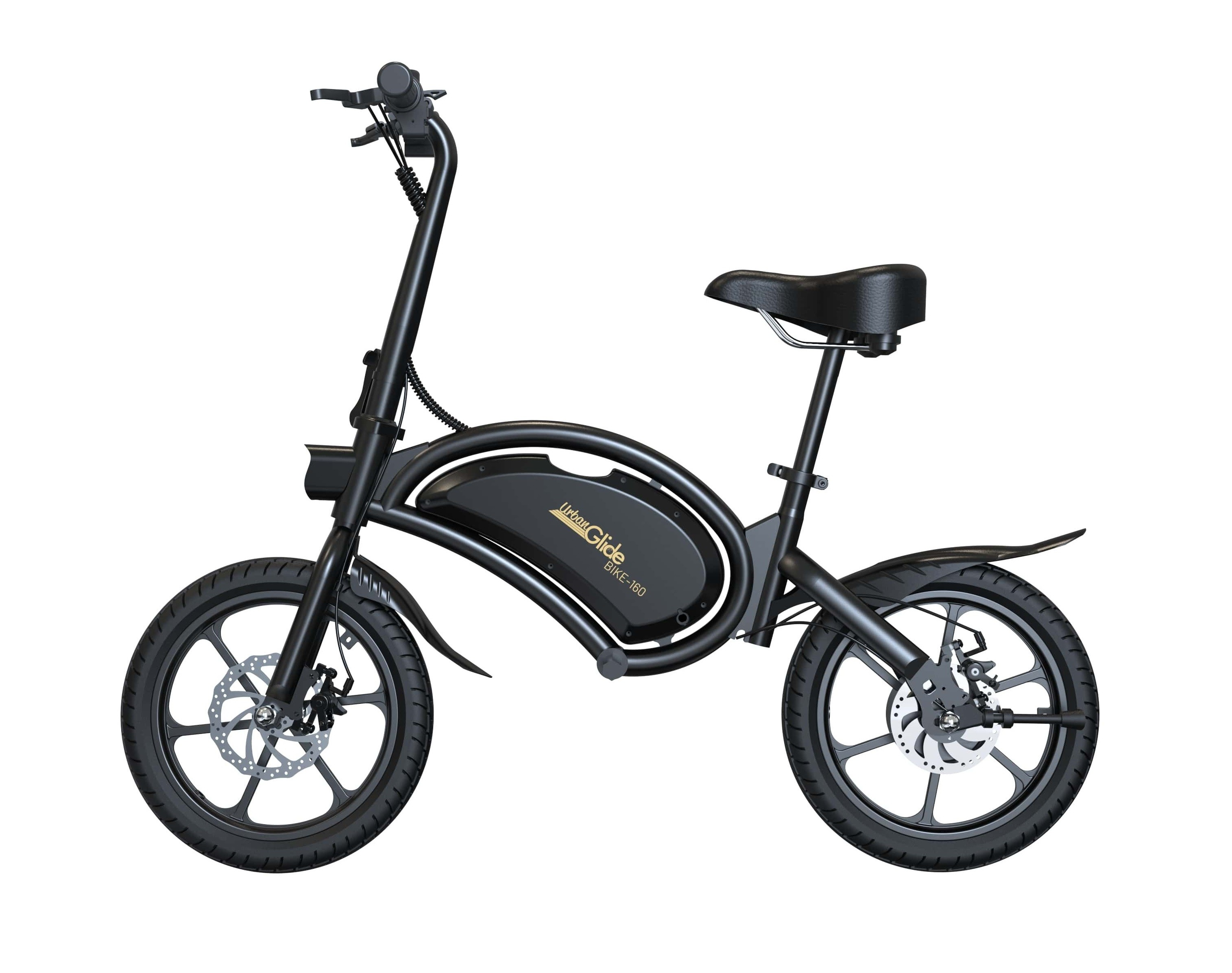 Bicicletta elettrica nera con telaio, pneumatici e componenti neri, sfondo bianco.