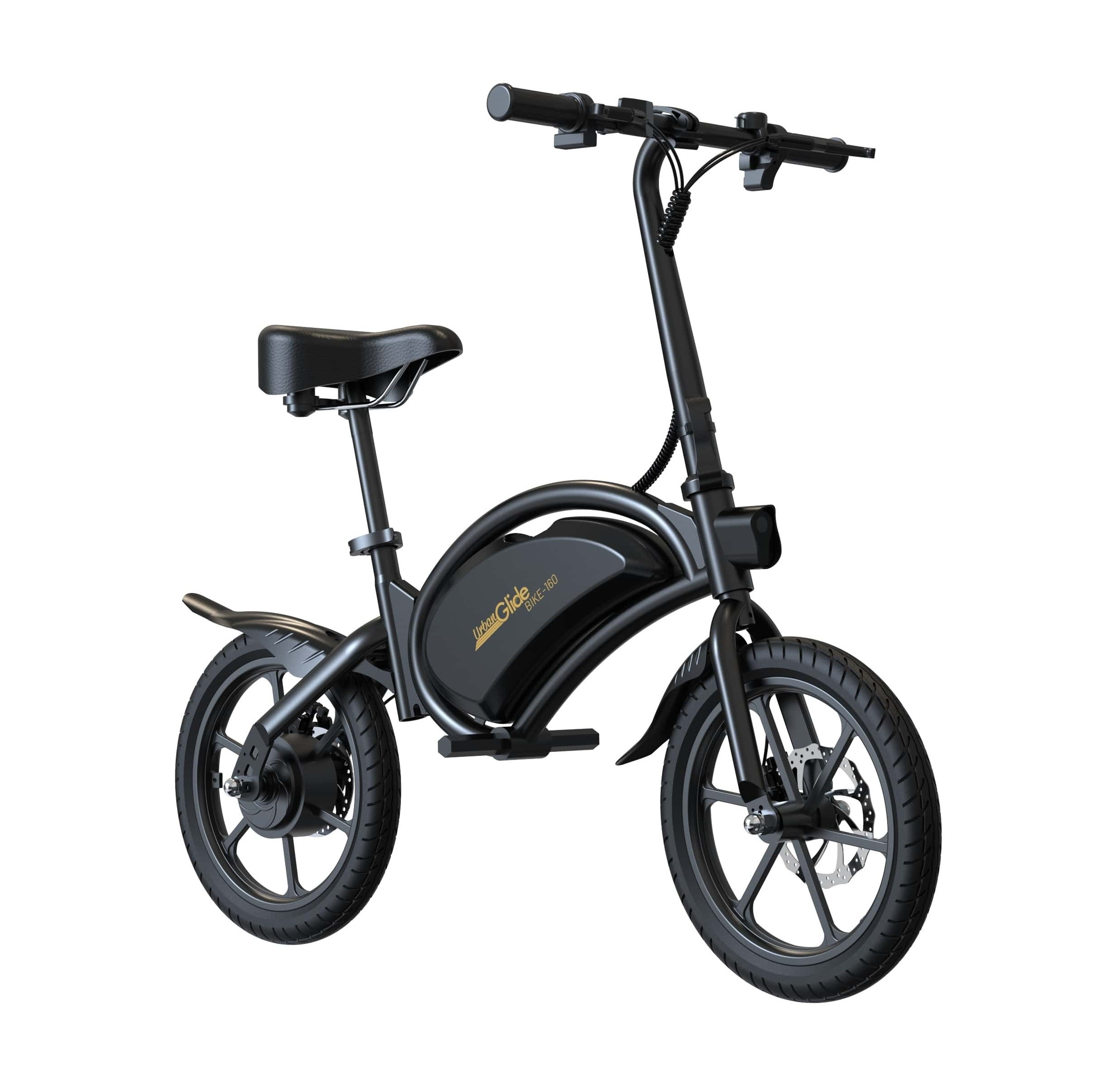 Una bicicletta elettrica pieghevole nera con un sedile e un motore vicino alla ruota posteriore. Sfondo bianco.