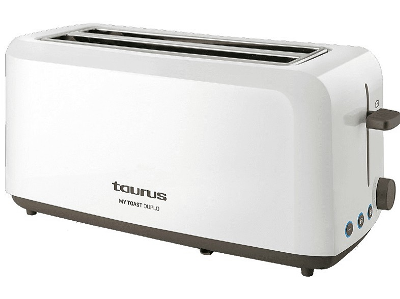 Biały toster z dwoma otworami, marką "taurus" i przyciskami sterowania.