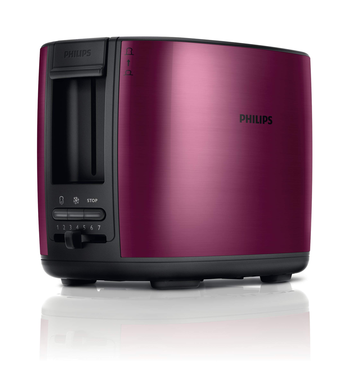 Tostadora Philips magenta con base y controles negros. La marca se muestra prominentemente.