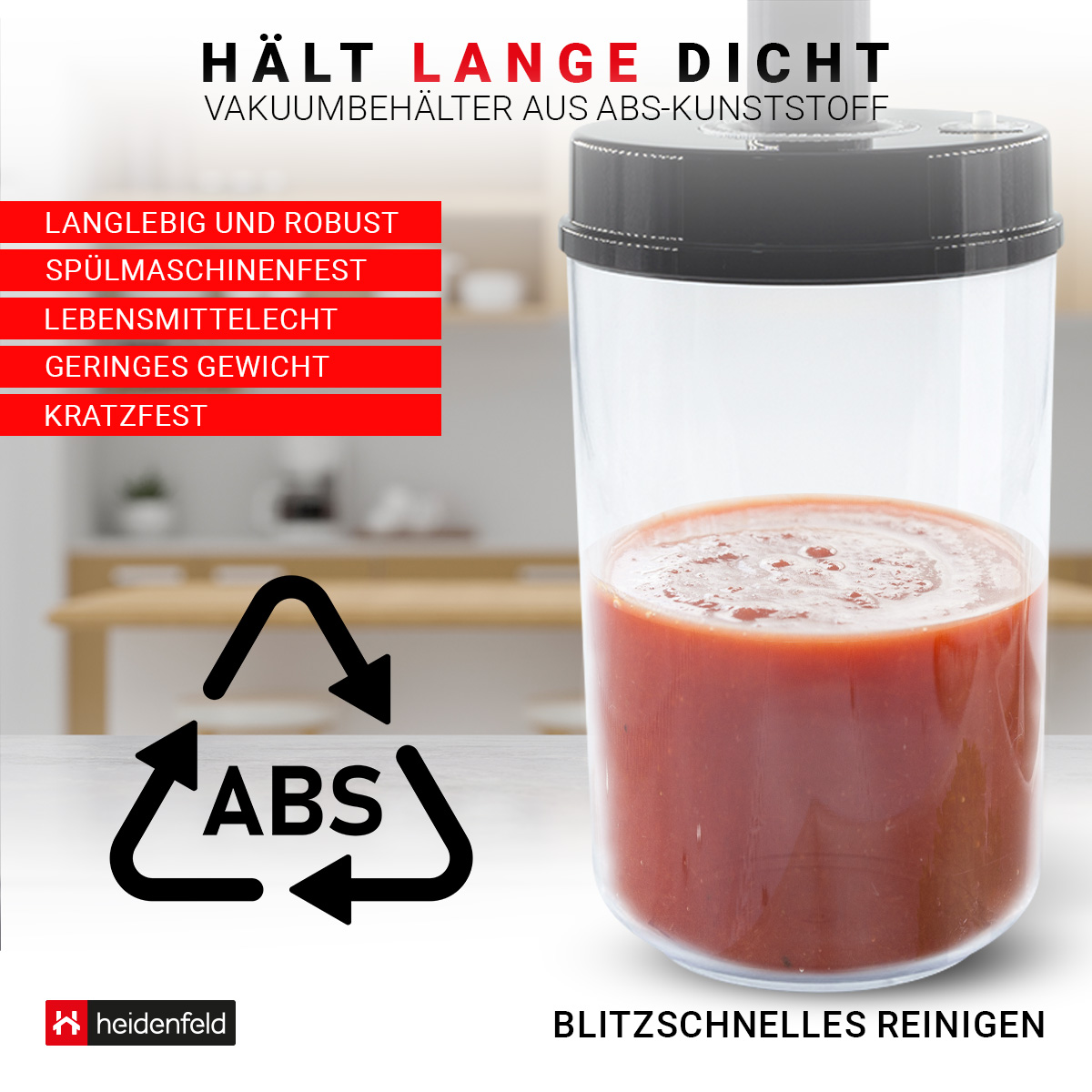 Ein klarer Behälter mit roter Flüssigkeit, schwarzem Deckel und weißem Hintergrund, mit Text.
