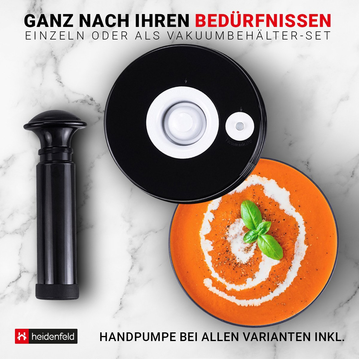 Schwarzes Vakuumbehälter-Set mit Pumpe, schwarzem Deckel und einer Schüssel mit orangefarbener Suppe mit Sahne.