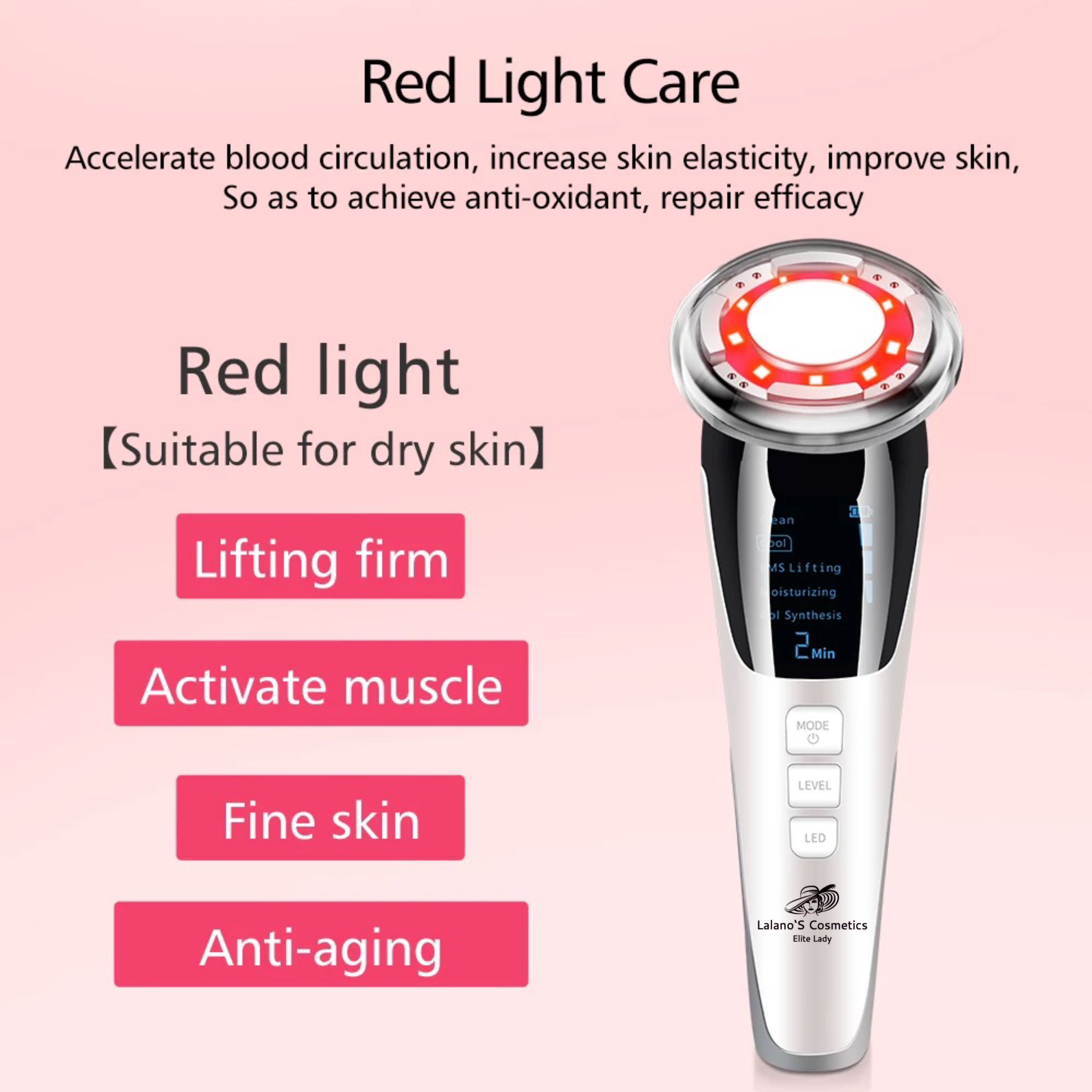 Białe urządzenie kosmetyczne z czerwonym światłem, przeznaczone do pielęgnacji skóry. Tekst: Pielęgnacja czerwonym światłem, lifting, aktywuj mięśnie.