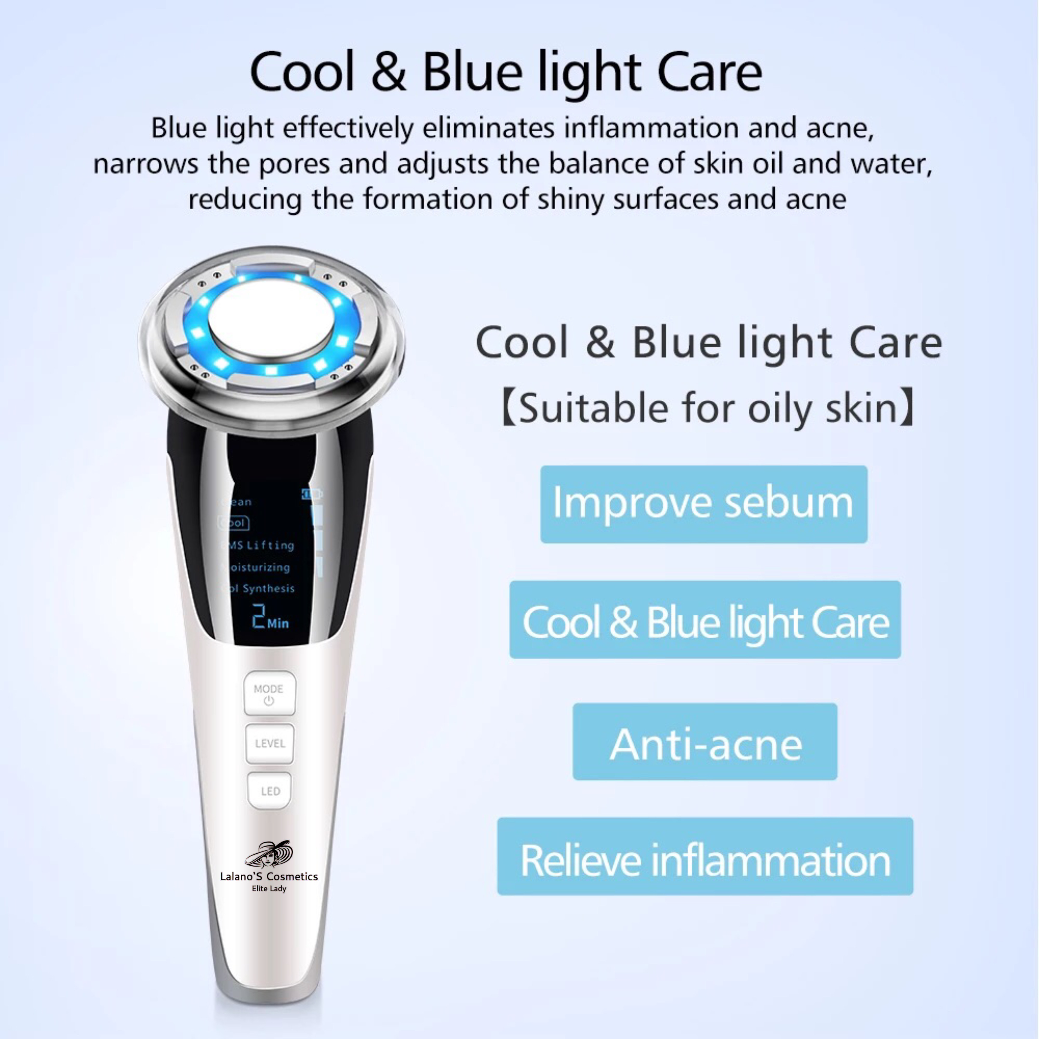 Białe urządzenie kosmetyczne z niebieskim światłem i etykietami tekstowymi. Pokazuje poprawę sebum, przeciwtrądzikowe i zapalenie.