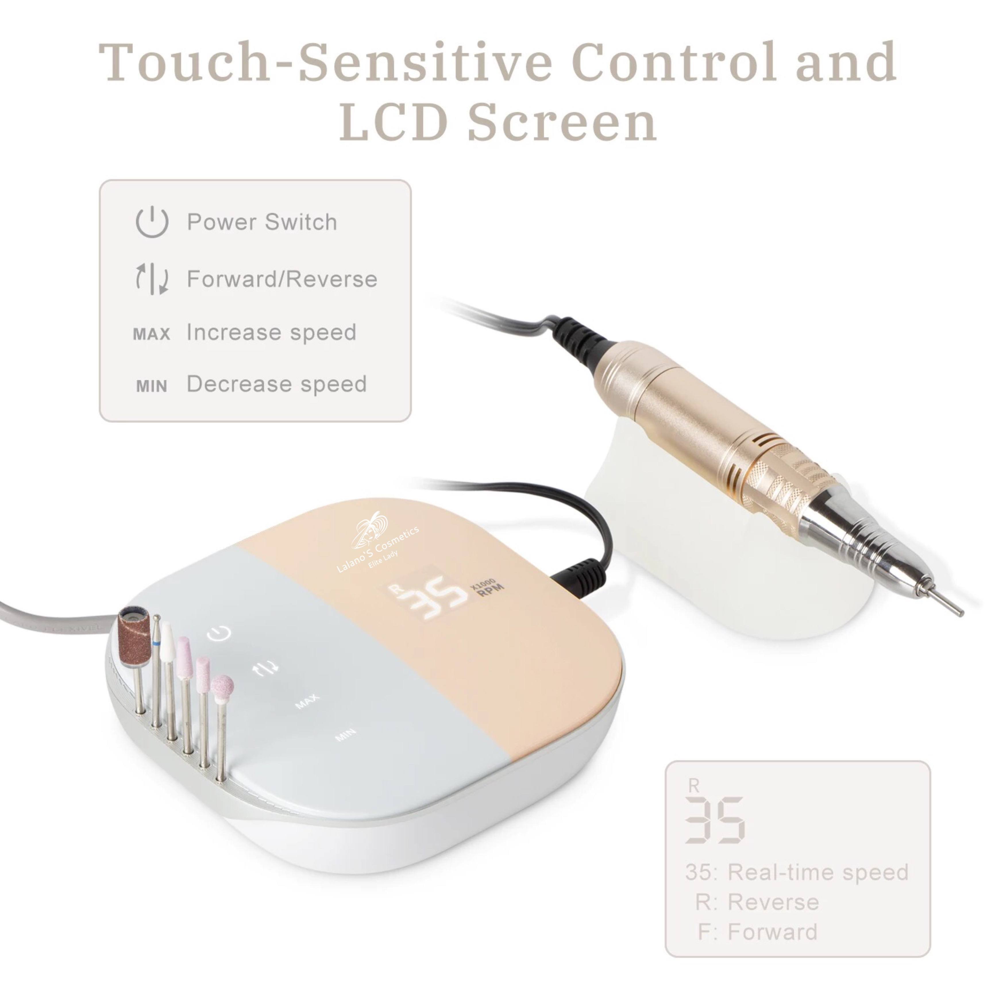 Frezarka do paznokci i akcesoria. Maszyna ma ekran i przyciski.