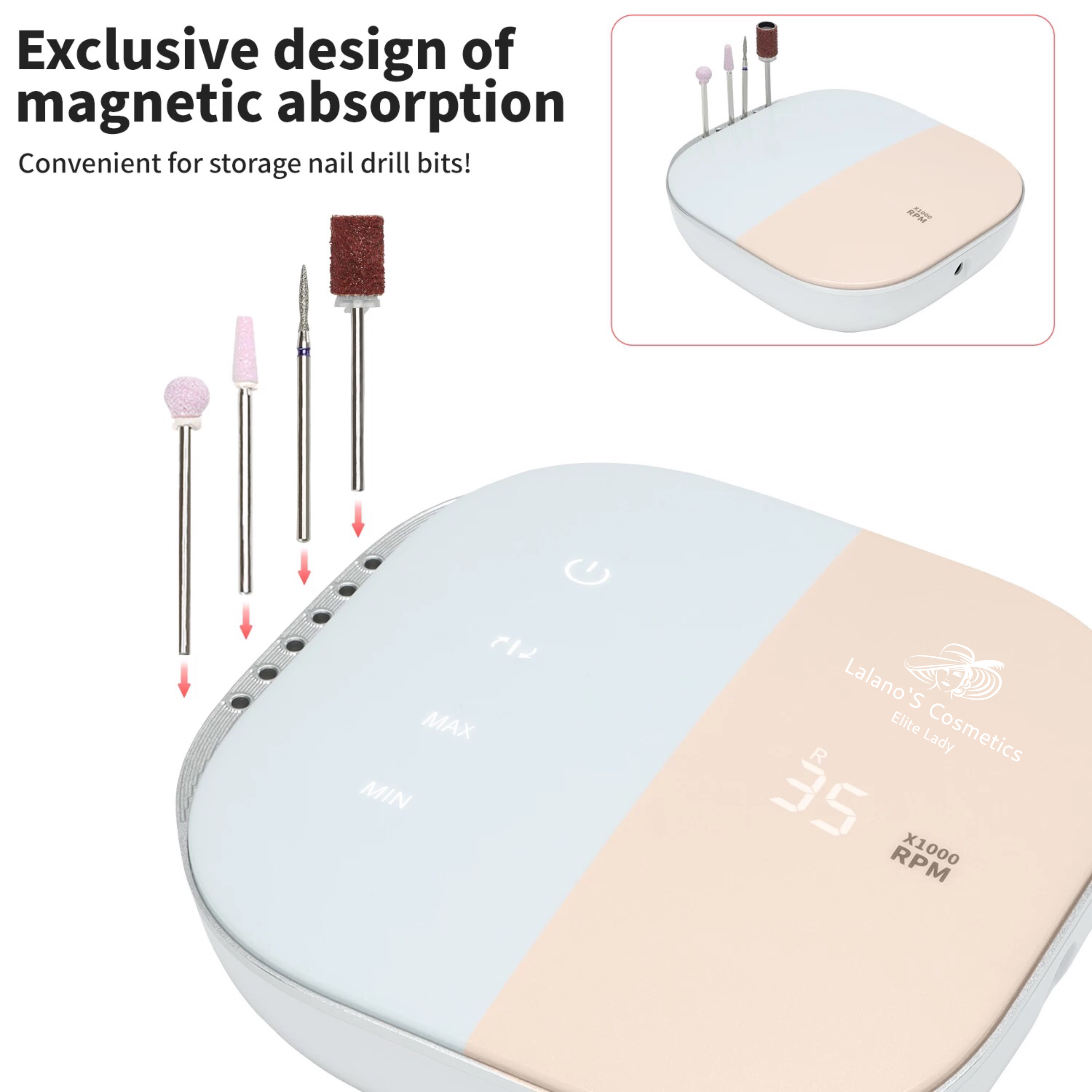 Frezarka do paznokci z wiertłami i wyświetlaczem pokazującym prędkość, w jasnoniebieskim i białym wzornictwie.