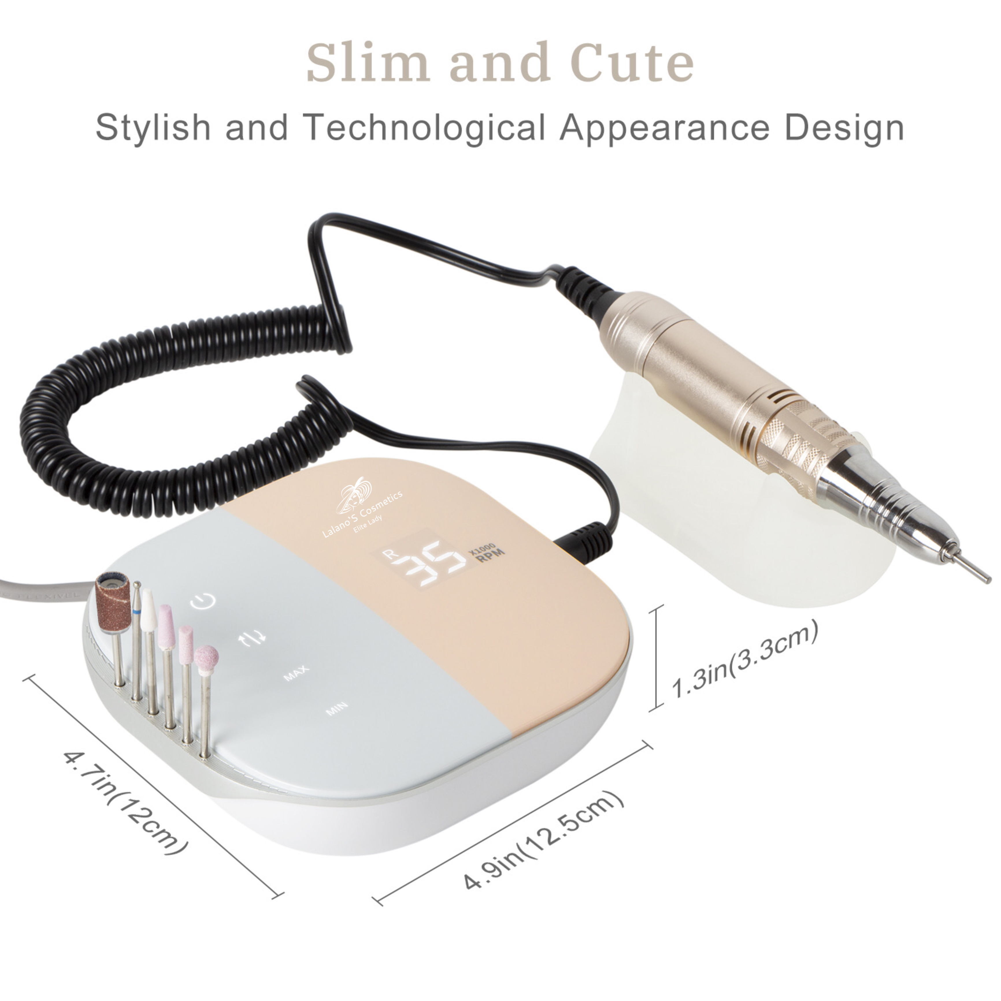 Wiertarka do paznokci z beżową i białą podstawą i złotym wiertłem.