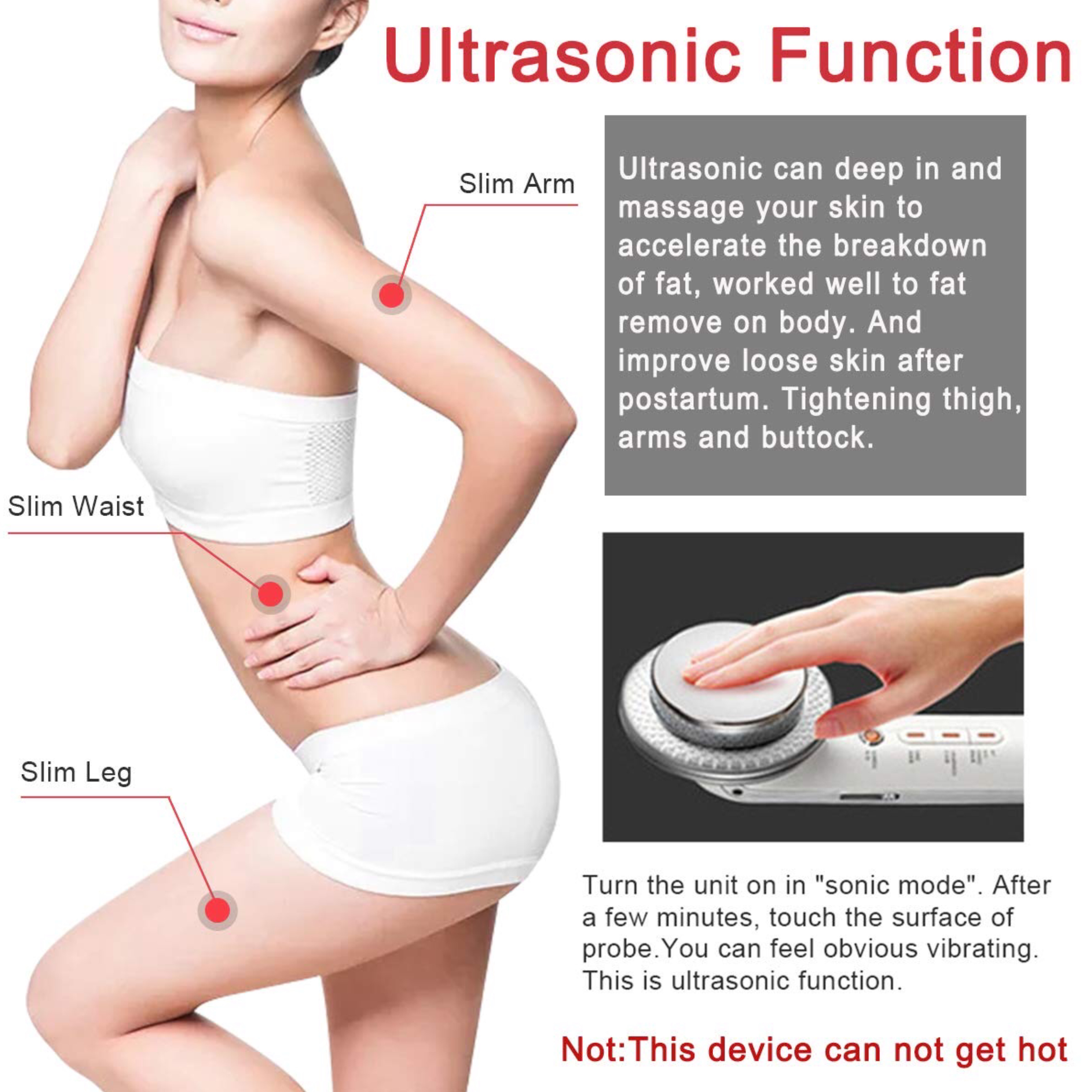 Körper einer Frau, die schlankmachende Bereiche zeigt: Arm, Taille und Bein. Text erklärt Ultraschallfunktion und Gerät.