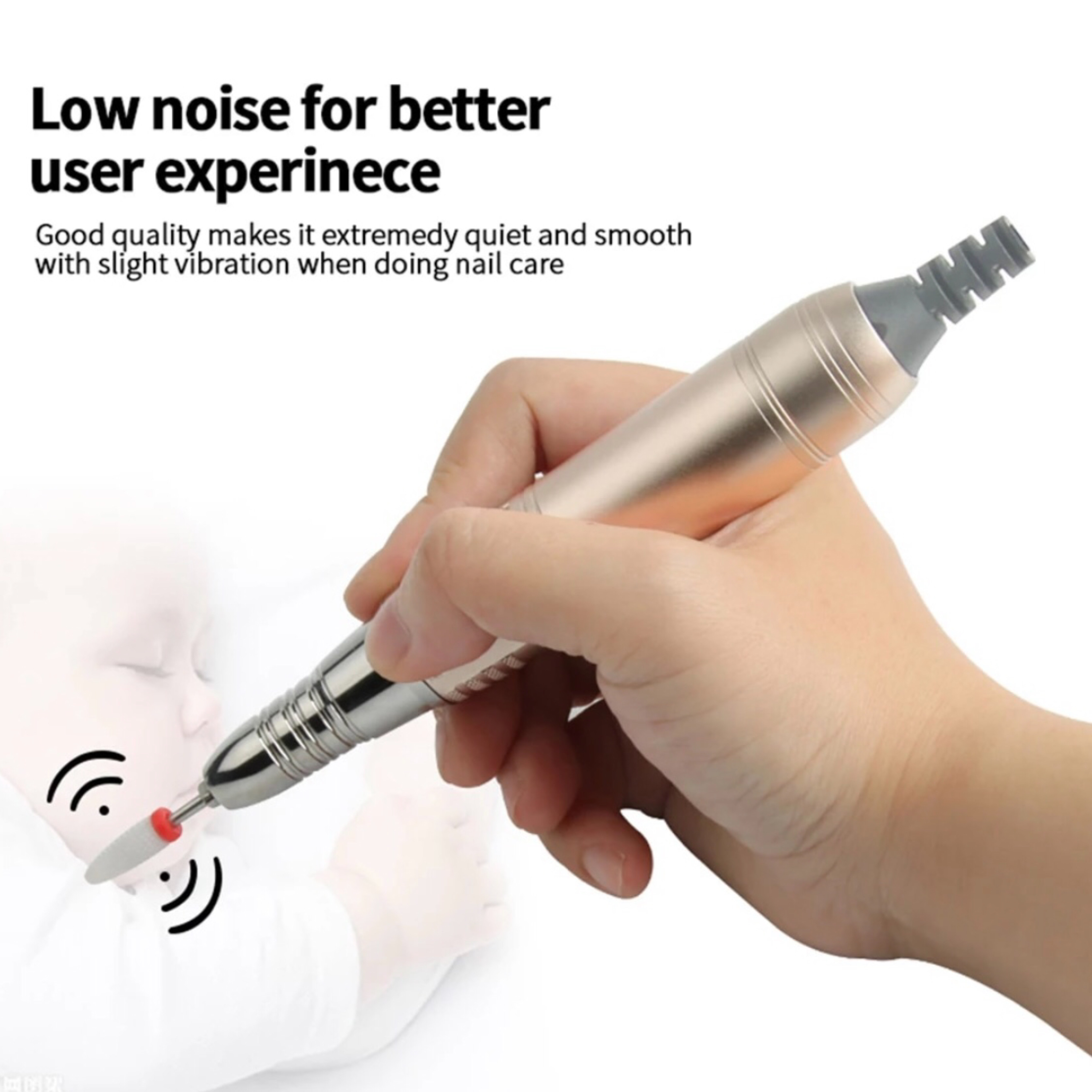 Dłoń trzymająca złote wiertło do paznokci, z falami dźwiękowymi i tekstem o niskim poziomie hałasu.