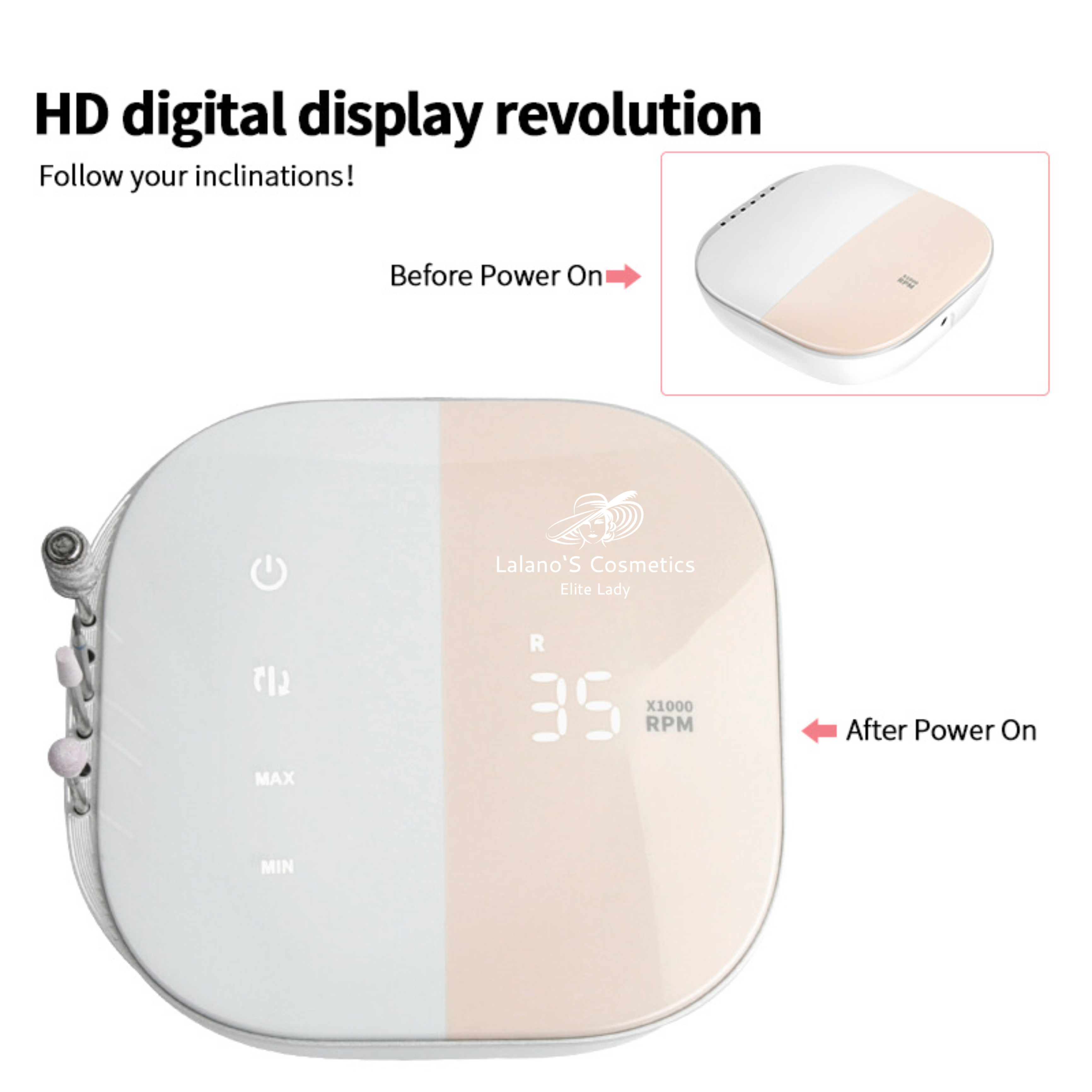 Urządzenie pokazujące rewolucję wyświetlacza cyfrowego. Widoki przed i po włączeniu zasilania.