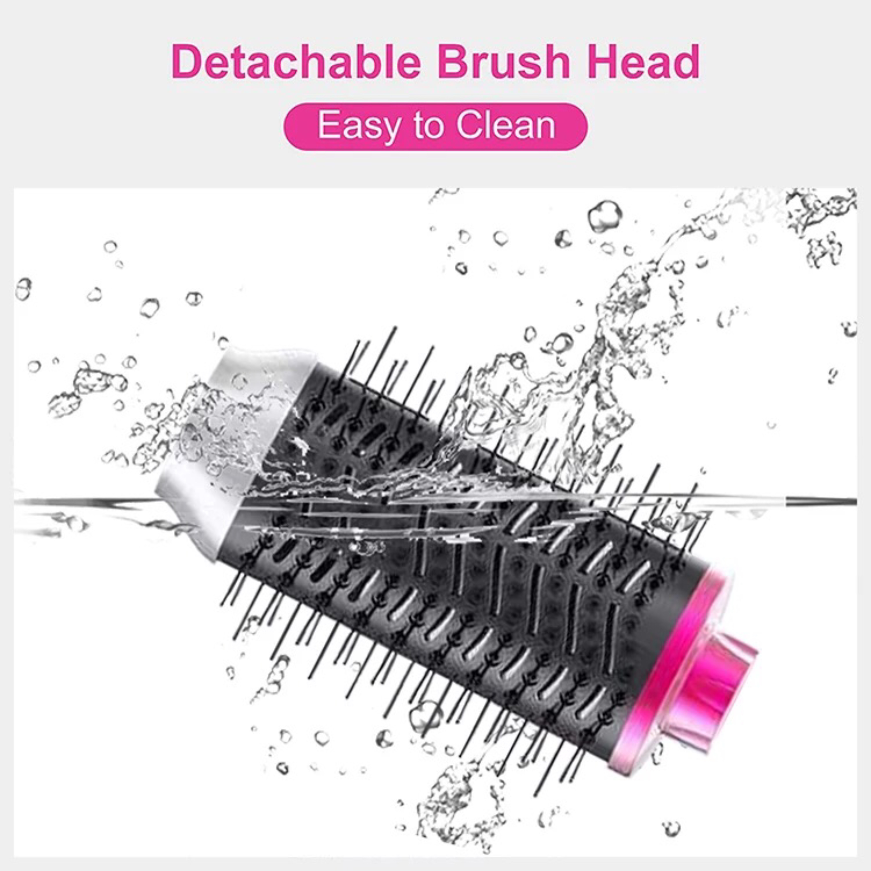 Odłączana głowica szczotki zanurzona w wodzie. Czarne włosie i różowe detale. Białe tło.
