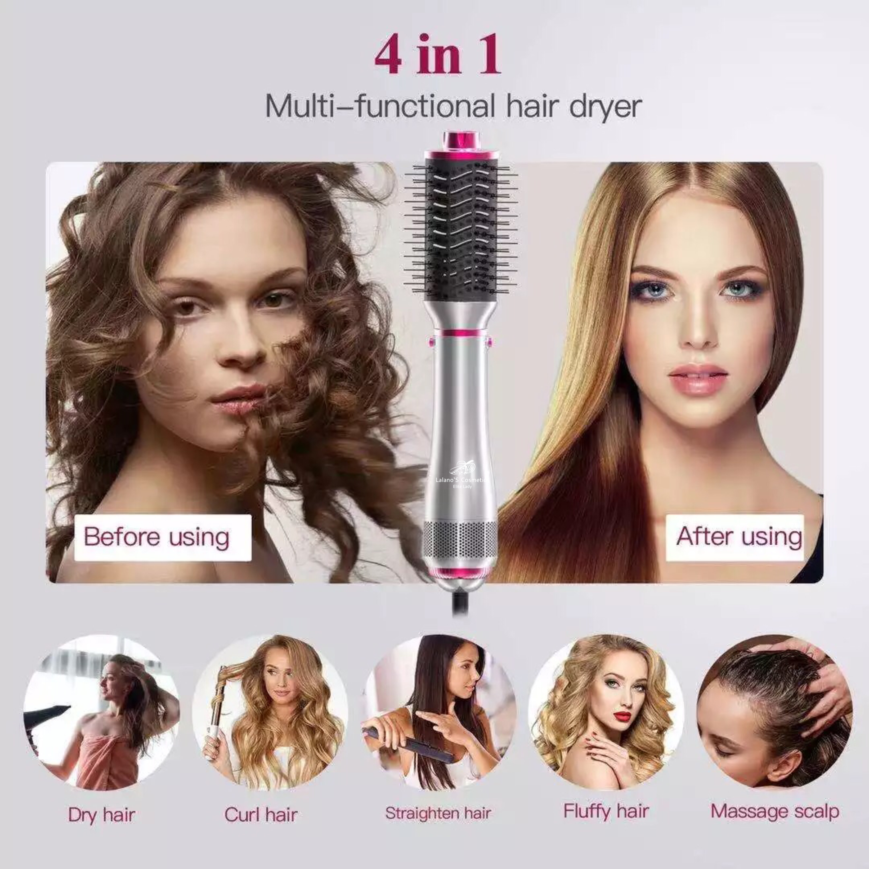 Suszarka do włosów z różnymi fryzurami. Zdjęcia przed i po, w tym włosy suche, kręcone i proste.