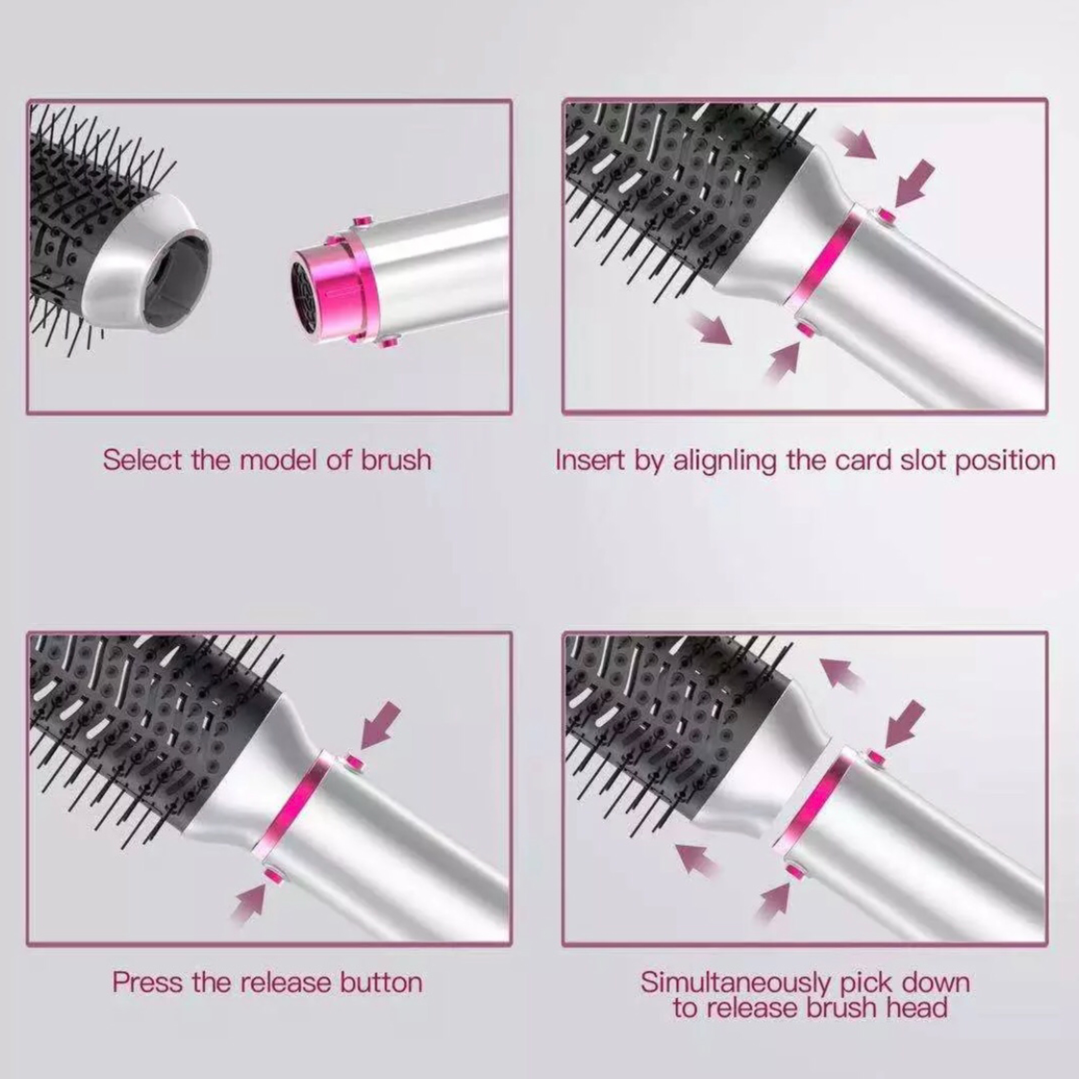 Szczotka do stylizacji włosów z wymiennymi końcówkami. Instrukcje pokazują, jak mocować i zdejmować końcówki szczotki.