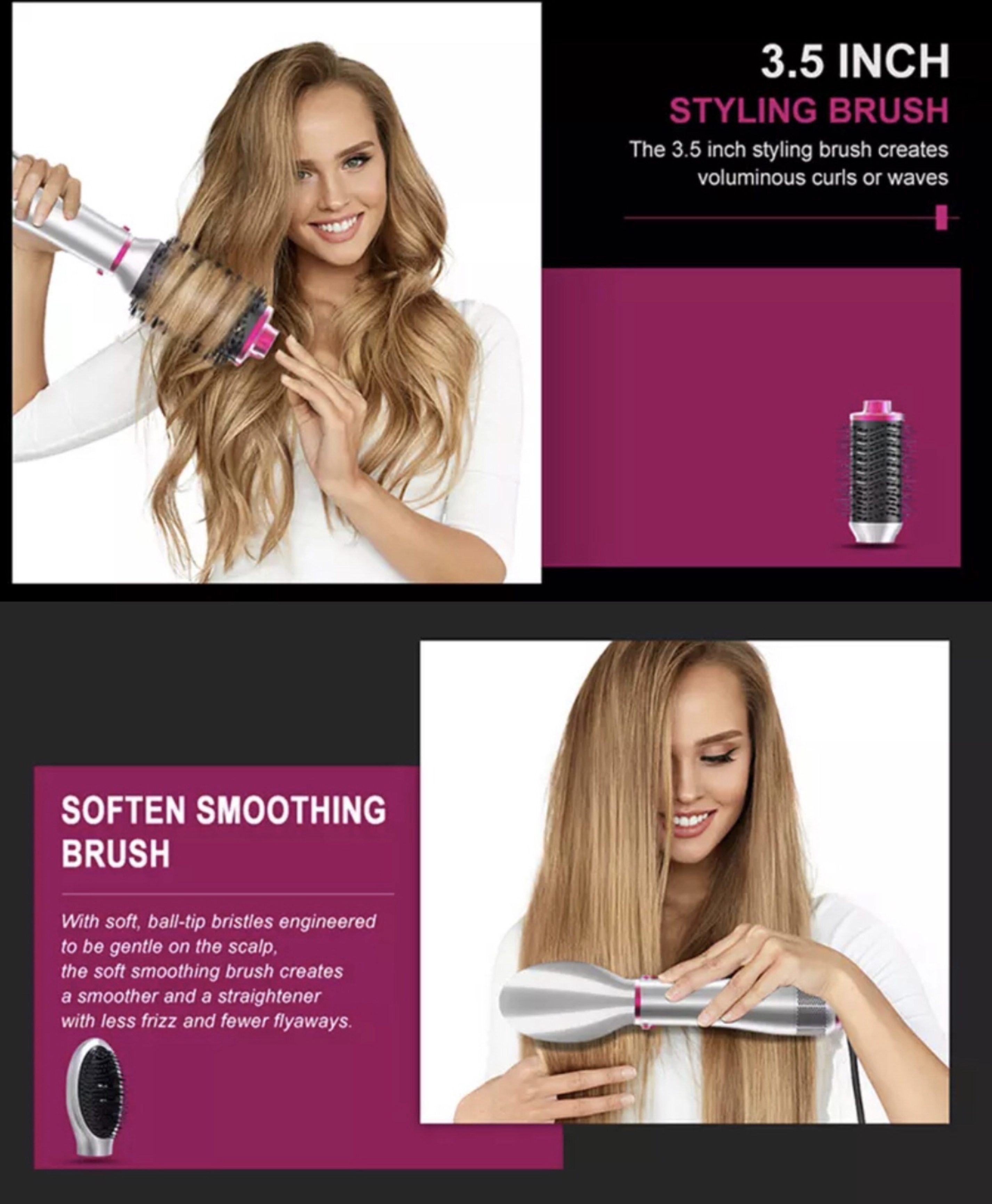 Kobieta używająca lokówki z nakładką szczotkową. Tekst podkreśla cechy.