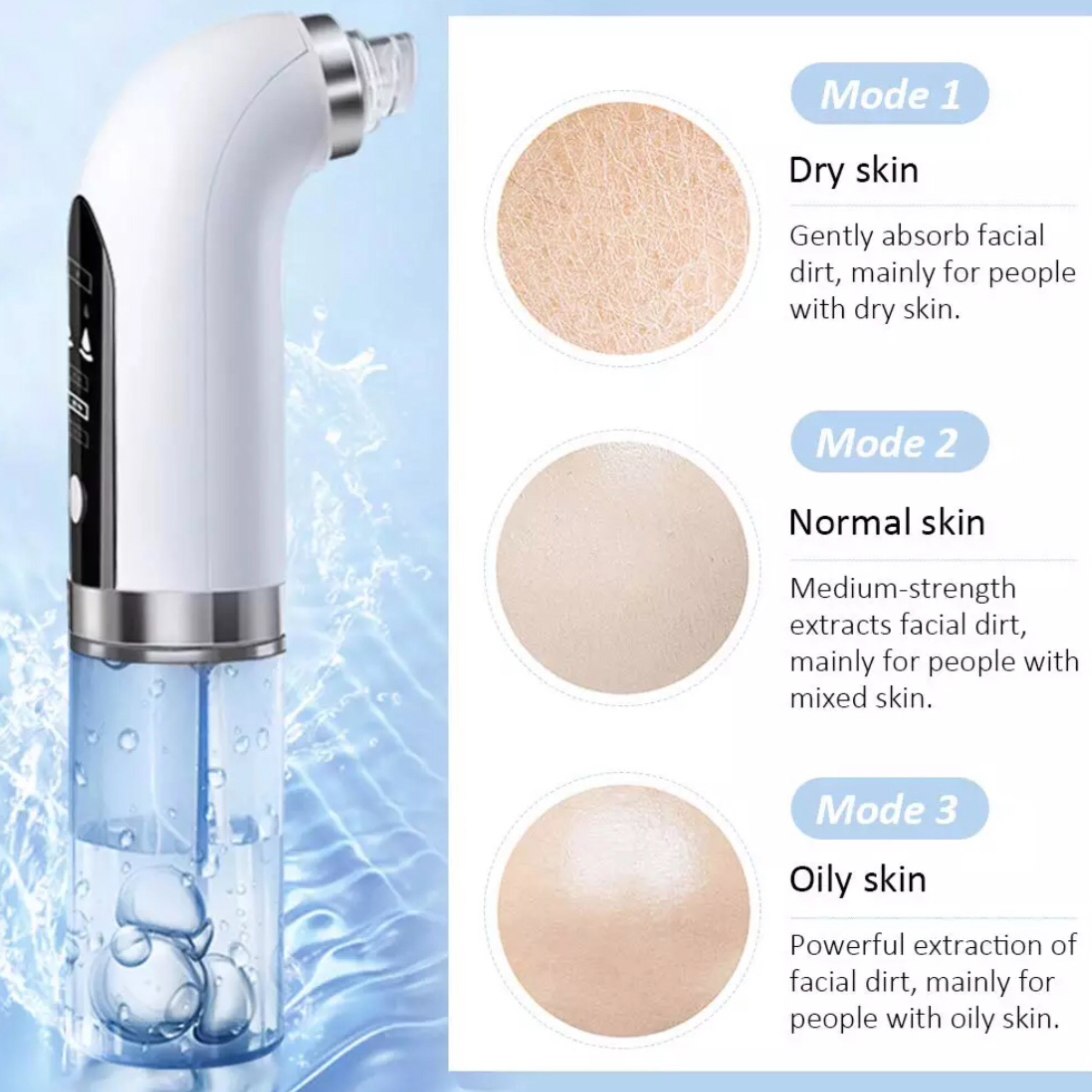 Białe urządzenie do pielęgnacji skóry z trzema zdjęciami przedstawiającymi różne tekstury skóry.