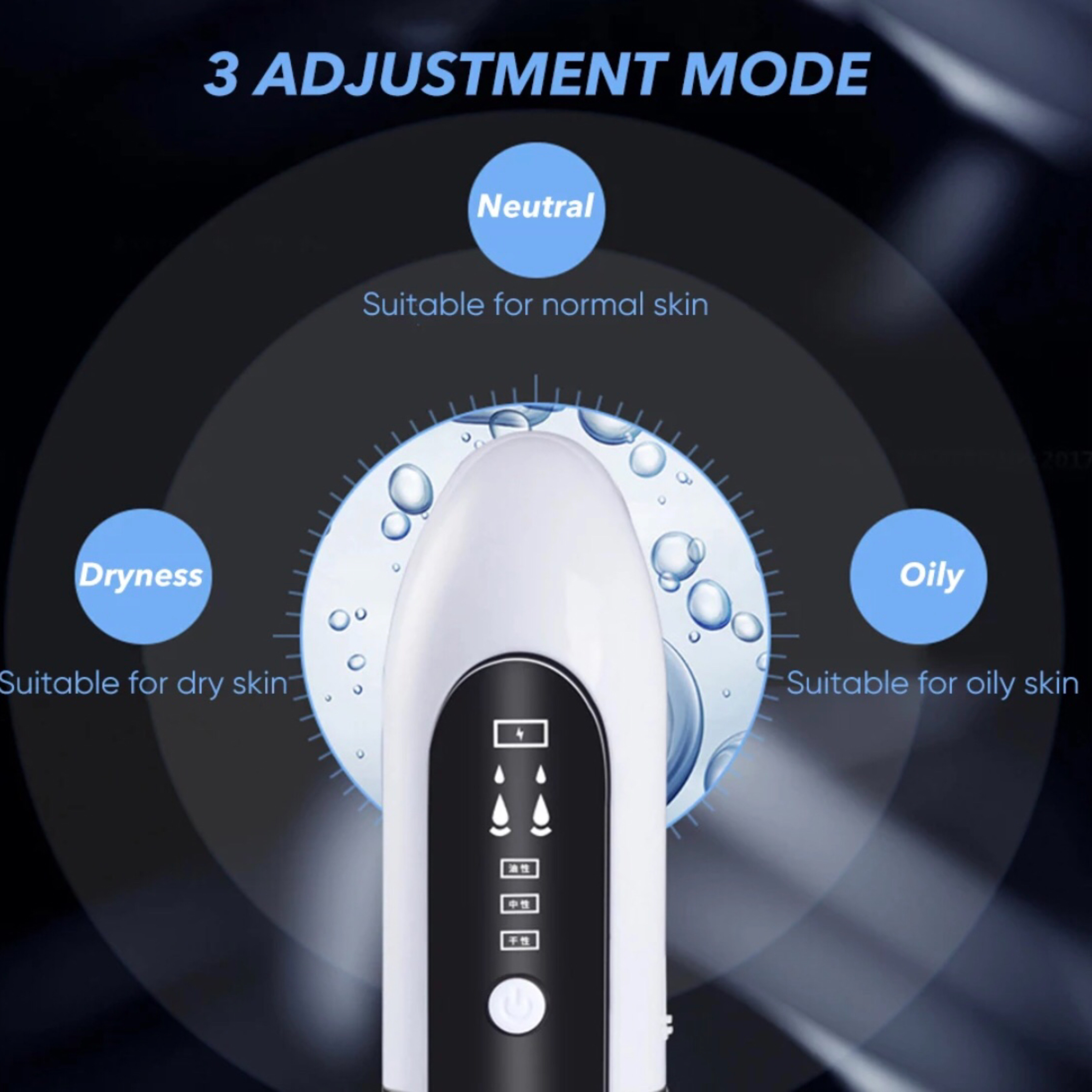 Urządzenie do trzech stanów skóry: suchości, neutralności i przetłuszczania. Posiada wyświetlacz cyfrowy.
