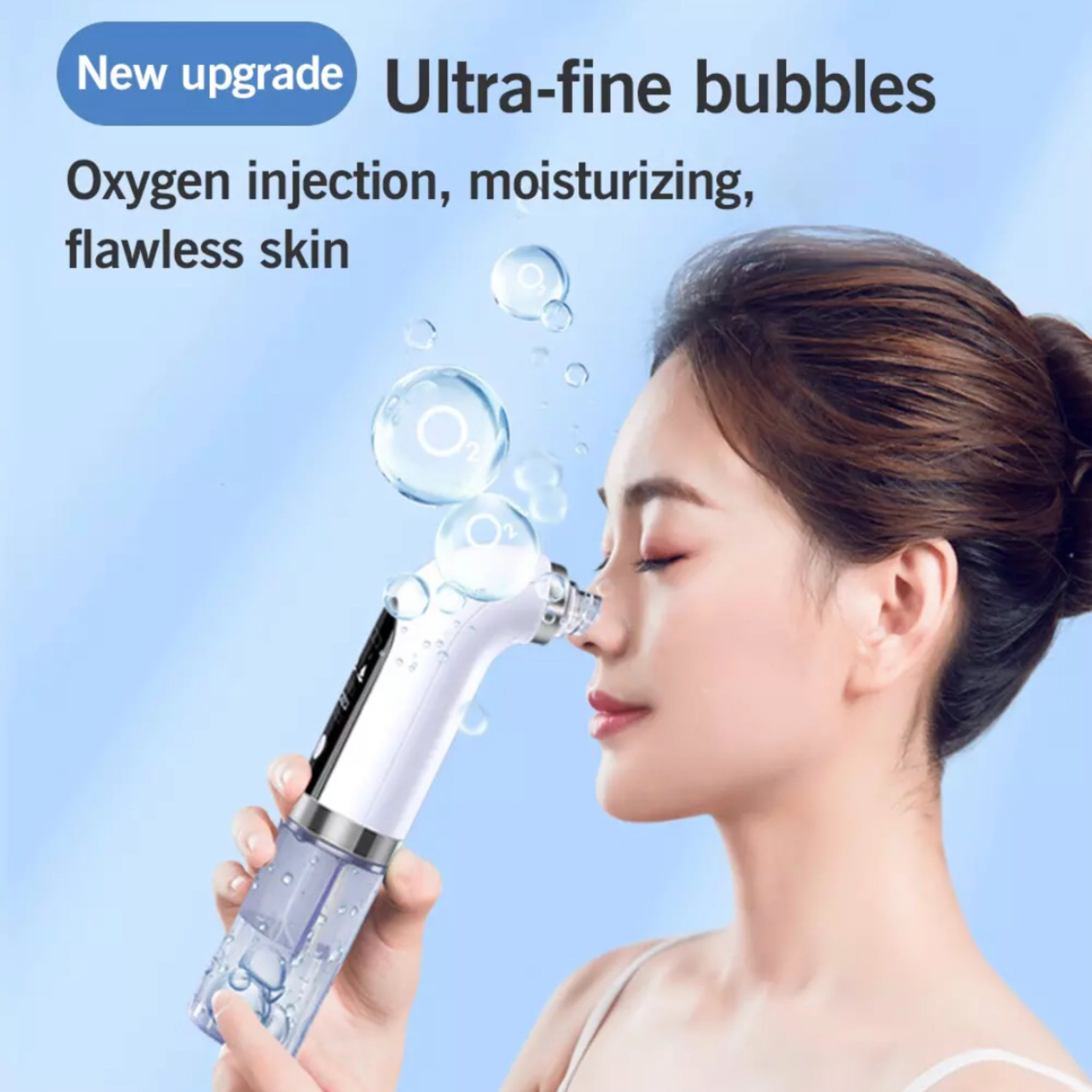 Kobieta używająca urządzenia do twarzy z pęcherzykami, promująca wstrzykiwanie tlenu i nieskazitelną skórę.
