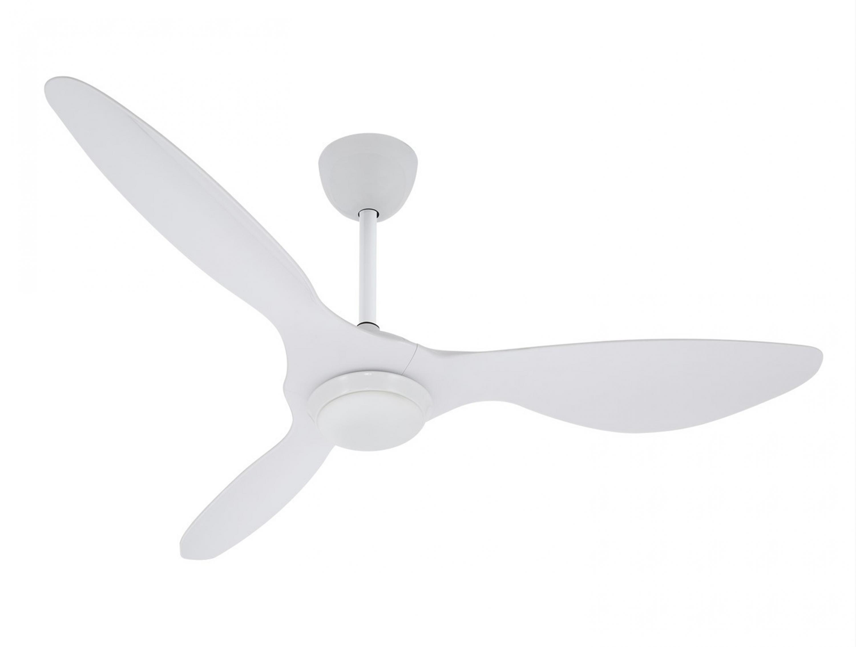 Ventilador de techo blanco con tres aspas curvas, carcasa central del motor y varilla blanca.