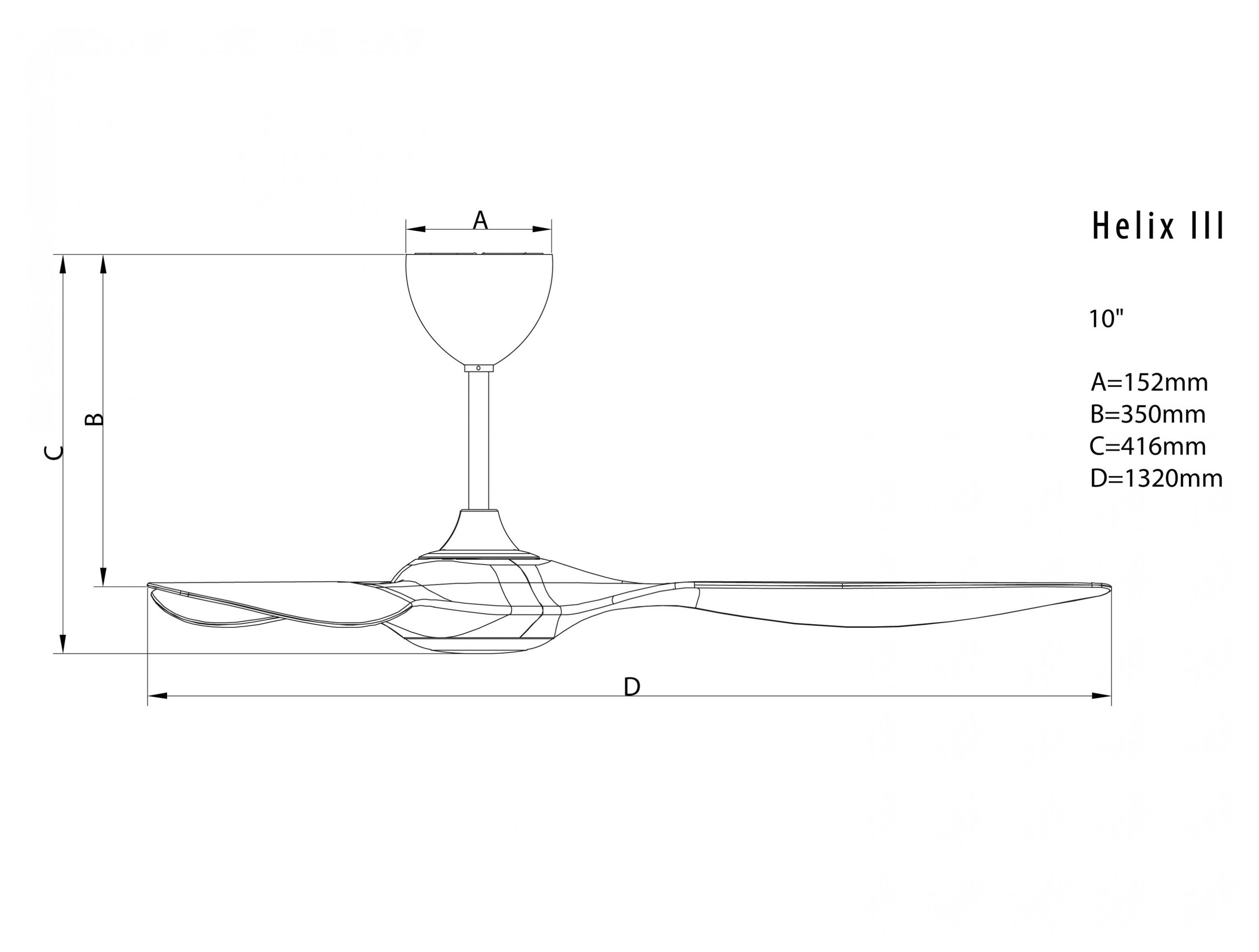 Dibujo técnico de un ventilador de techo con dimensiones etiquetadas A, B, C, D.