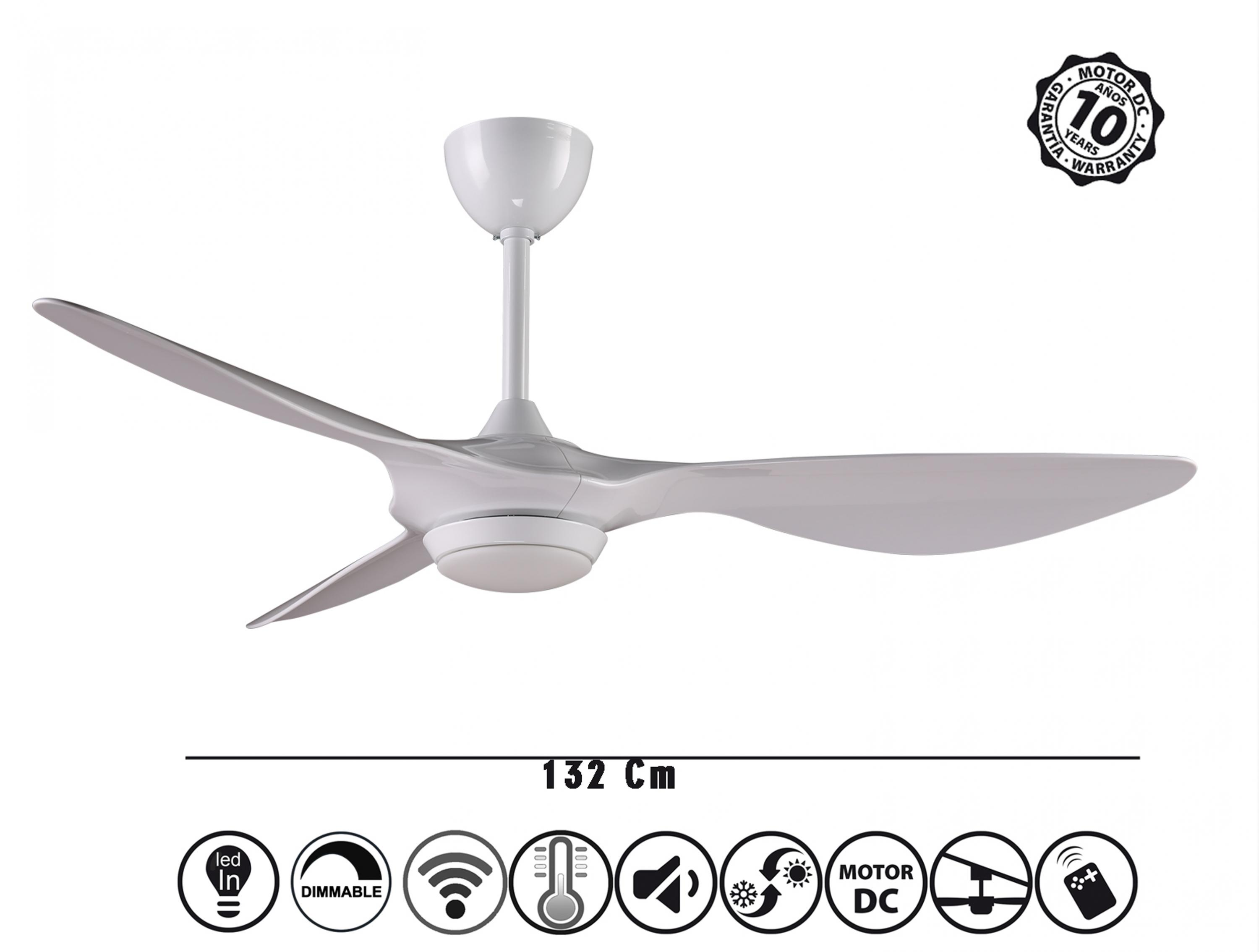 Ventilador de techo blanco con 3 aspas, una luz central y una insignia de garantía de 10 años.