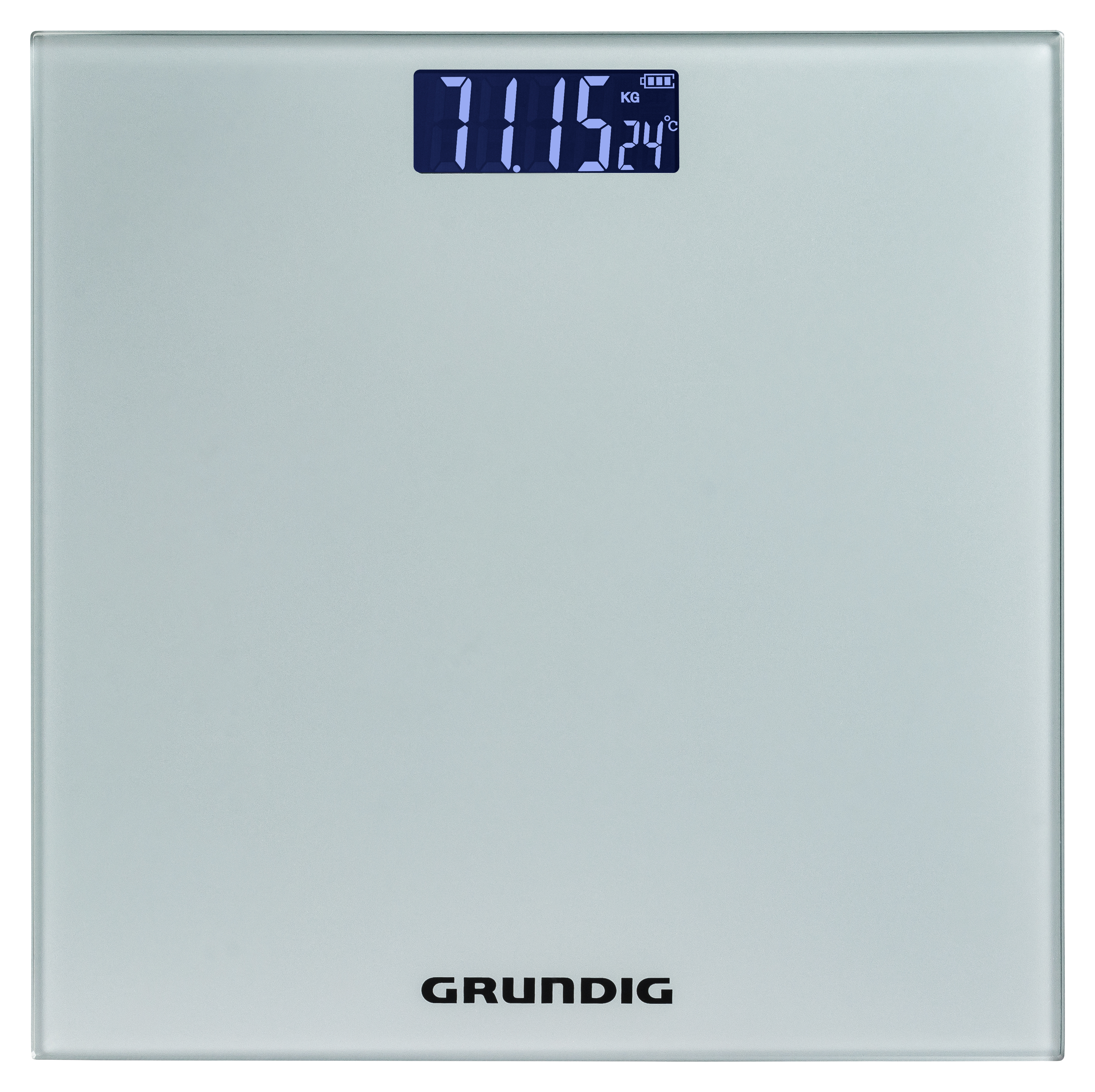 Eine digitale Badezimmerwaage zeigt 71,15 kg und 24°C an. Die Waage ist weiß mit dem Grundig-Logo.