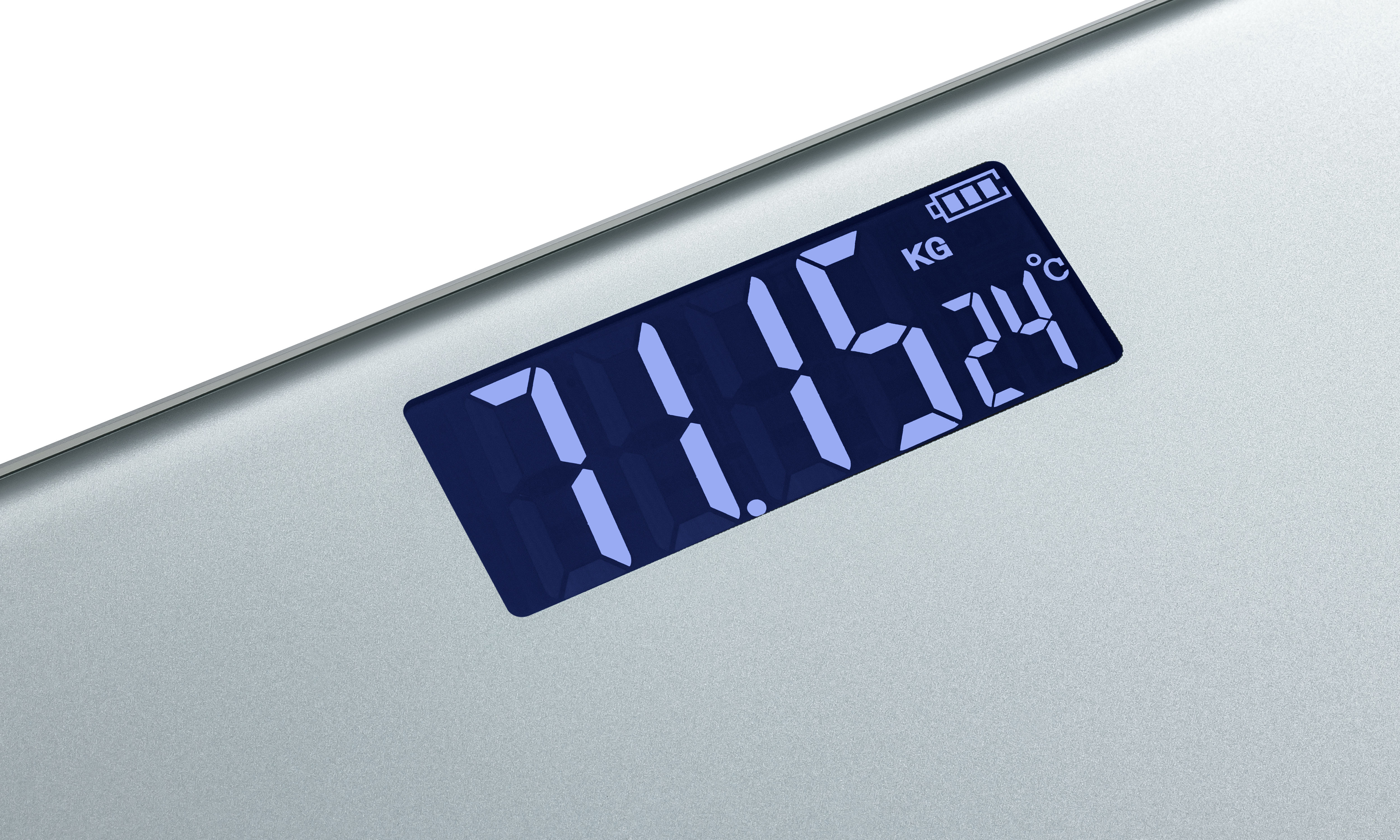 Digitale Waage mit 71,15 KG und einer Batteriestandsanzeige auf blau beleuchtetem Bildschirm.
