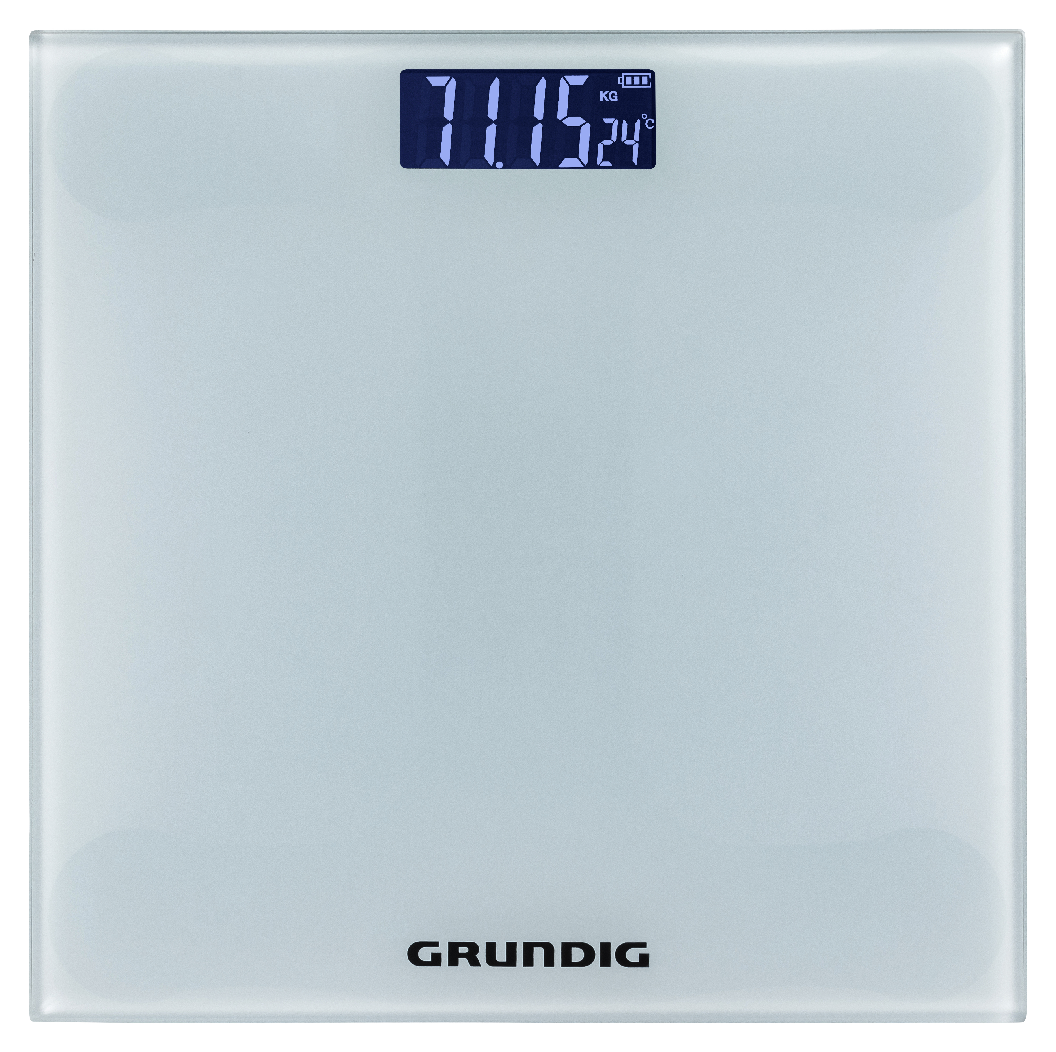 Weiße Digitalwaage mit 71,15 kg und 24°C. Der Markenname 'GRUNDIG' befindet sich unten.