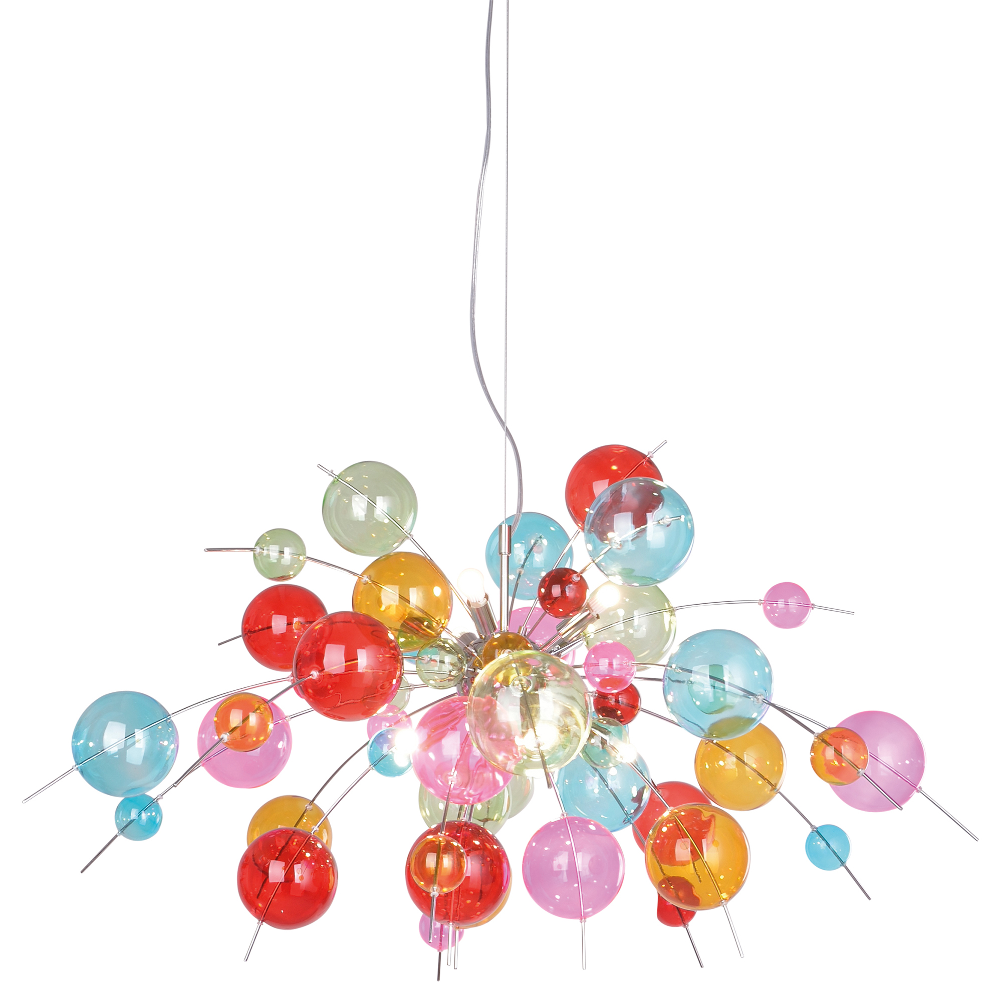 Kronleuchter mit bunten Glaskugeln. Die Kugeln sind rot, blau, grün, gelb und rosa.