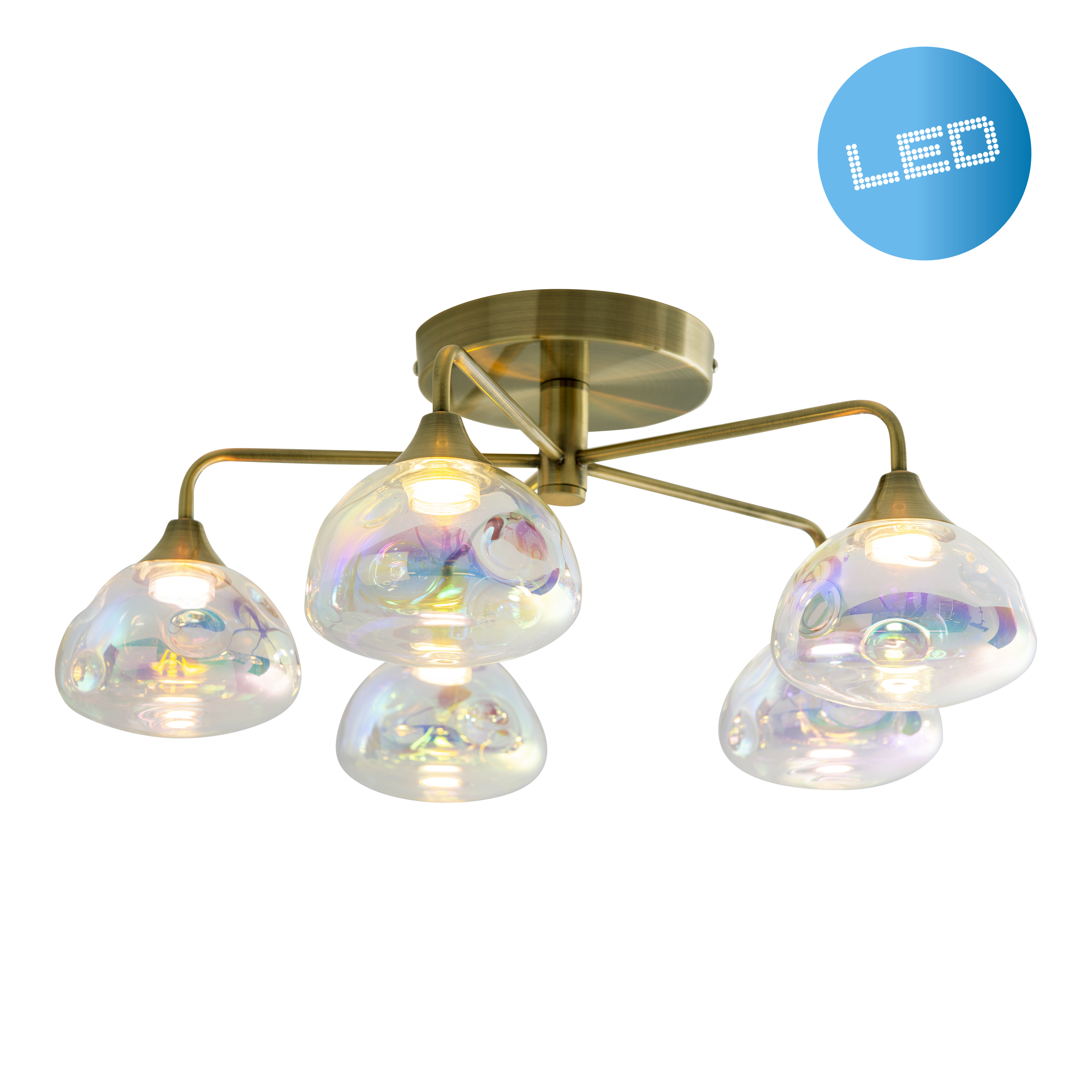 Deckenleuchte mit mehreren irisierenden Glasschirmen und goldenem Rahmen.