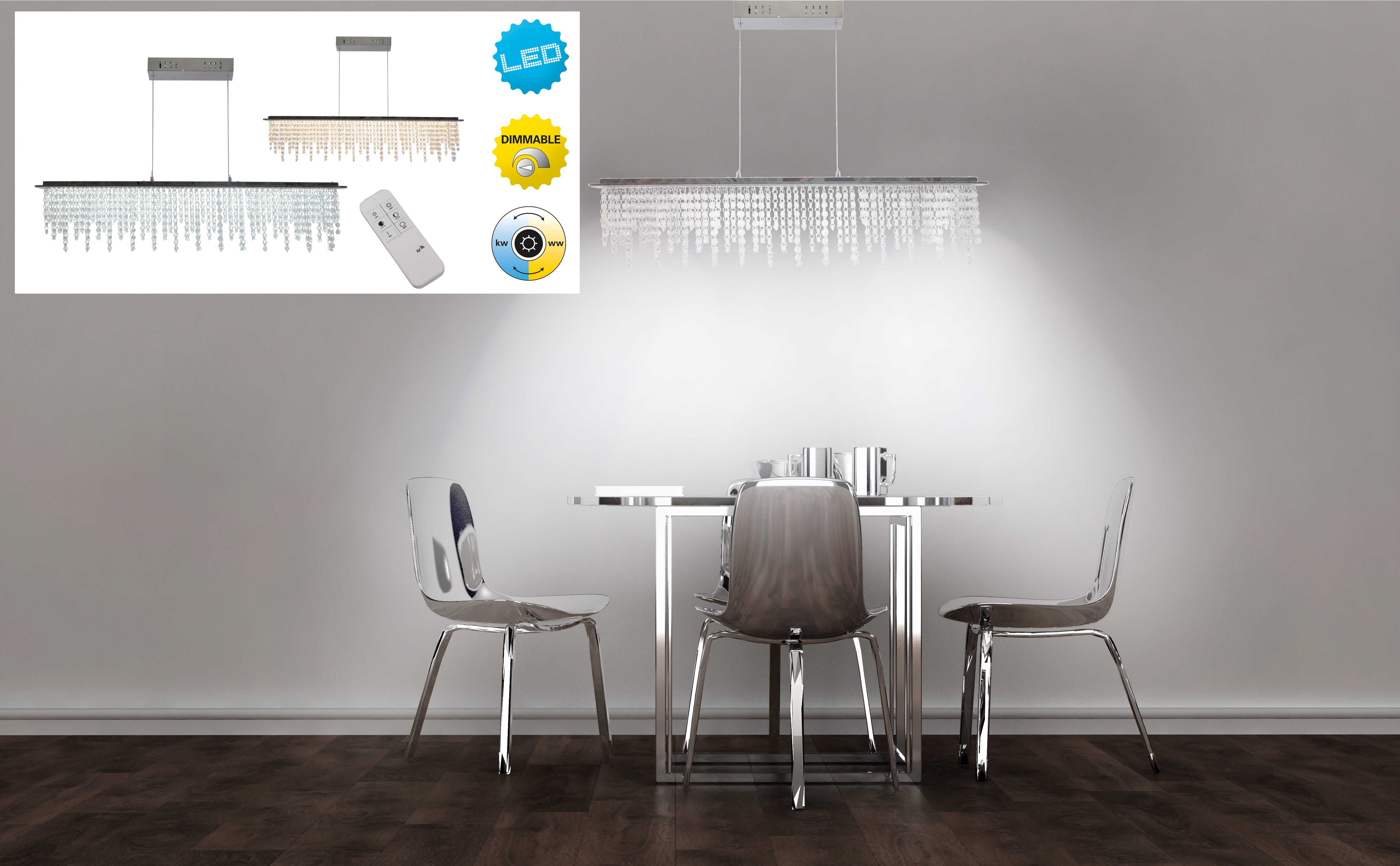 Ein minimalistisches Esszimmer mit Tisch und Stühlen. Licht scheint auf den Tisch.