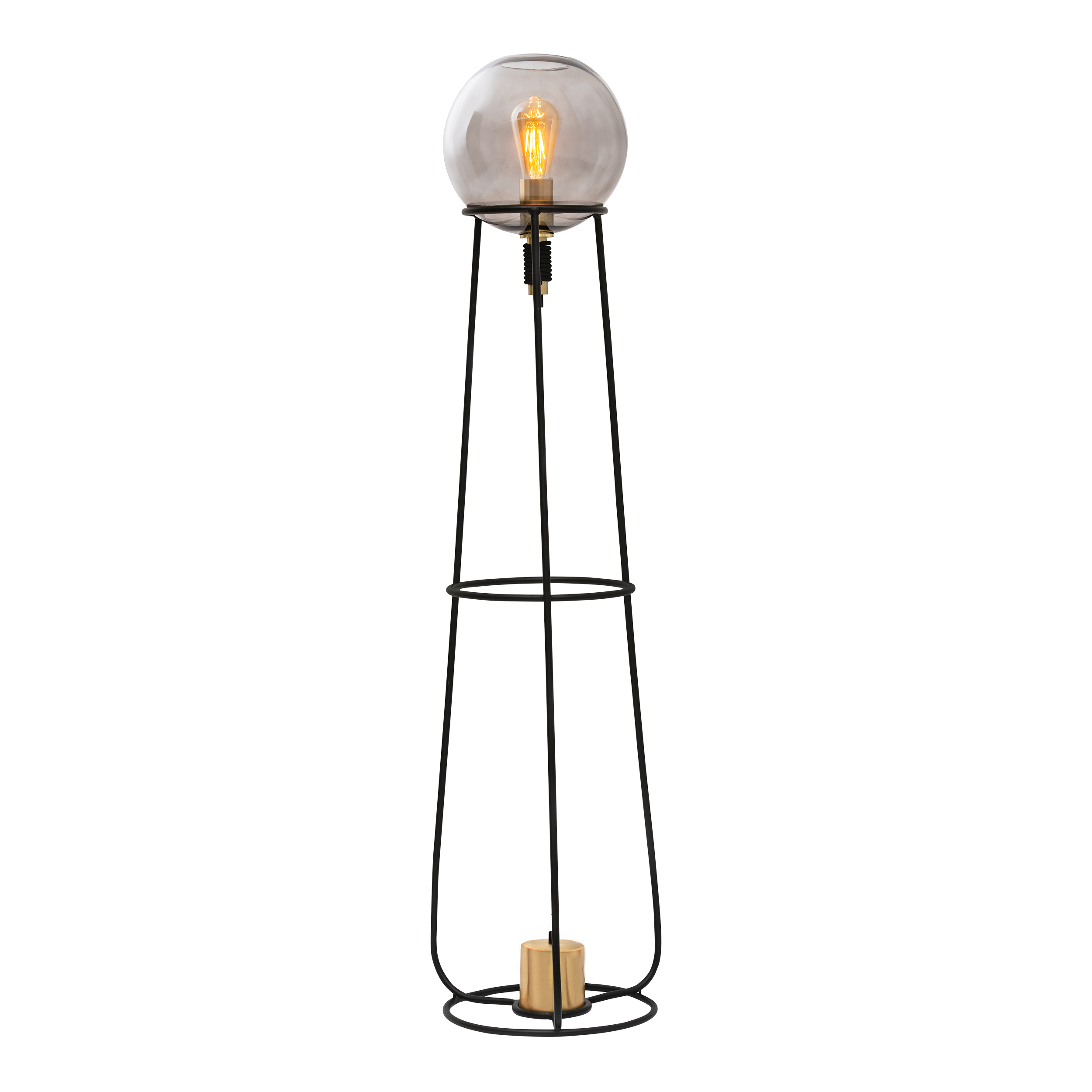 Eine schwarze Stehlampe mit kugelförmigem Glasschirm und goldfarbenem Sockel.