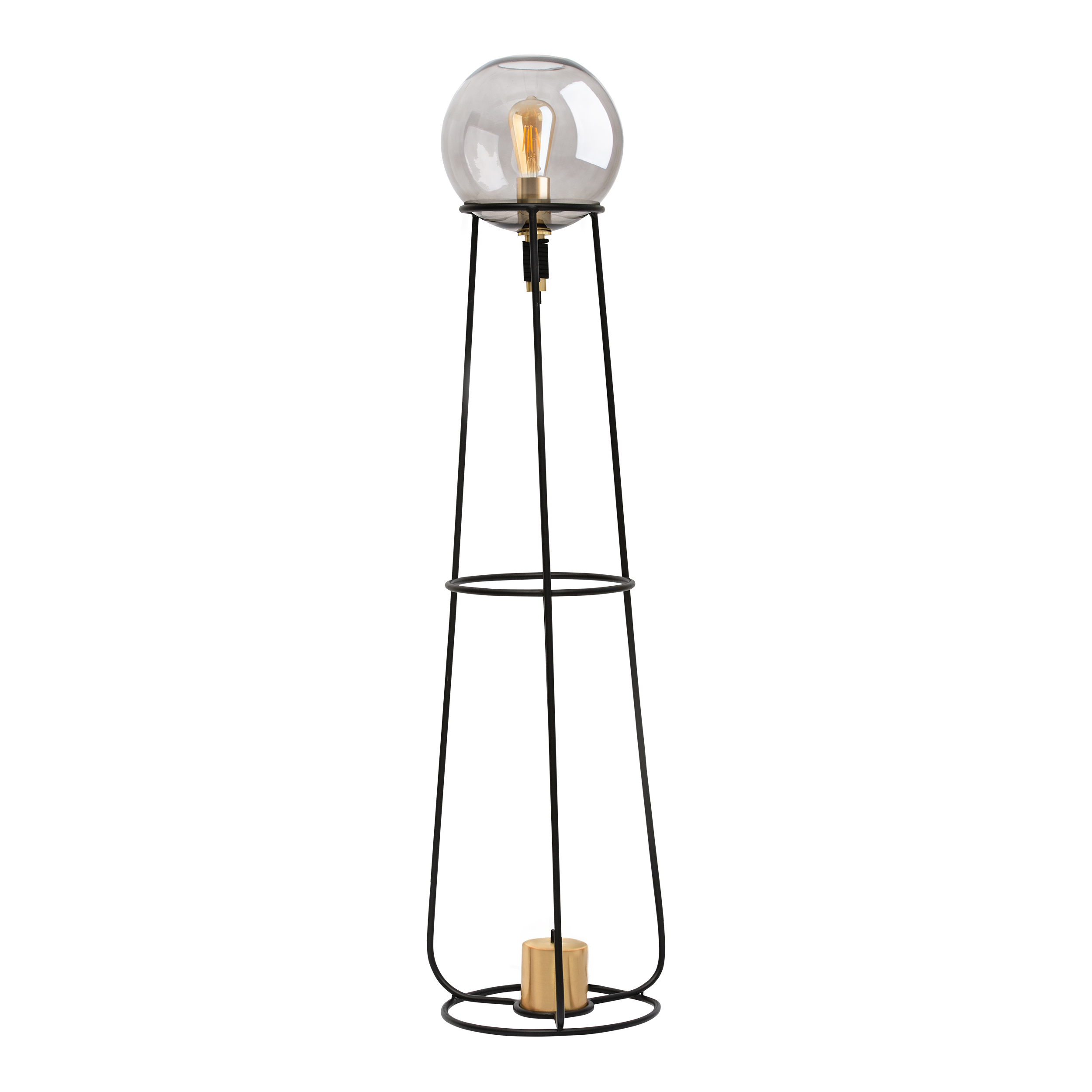 Schwarze Stehlampe mit klarer Glaskugel. Sie hat einen Messingfuß und einen hohen, schlanken Rahmen.