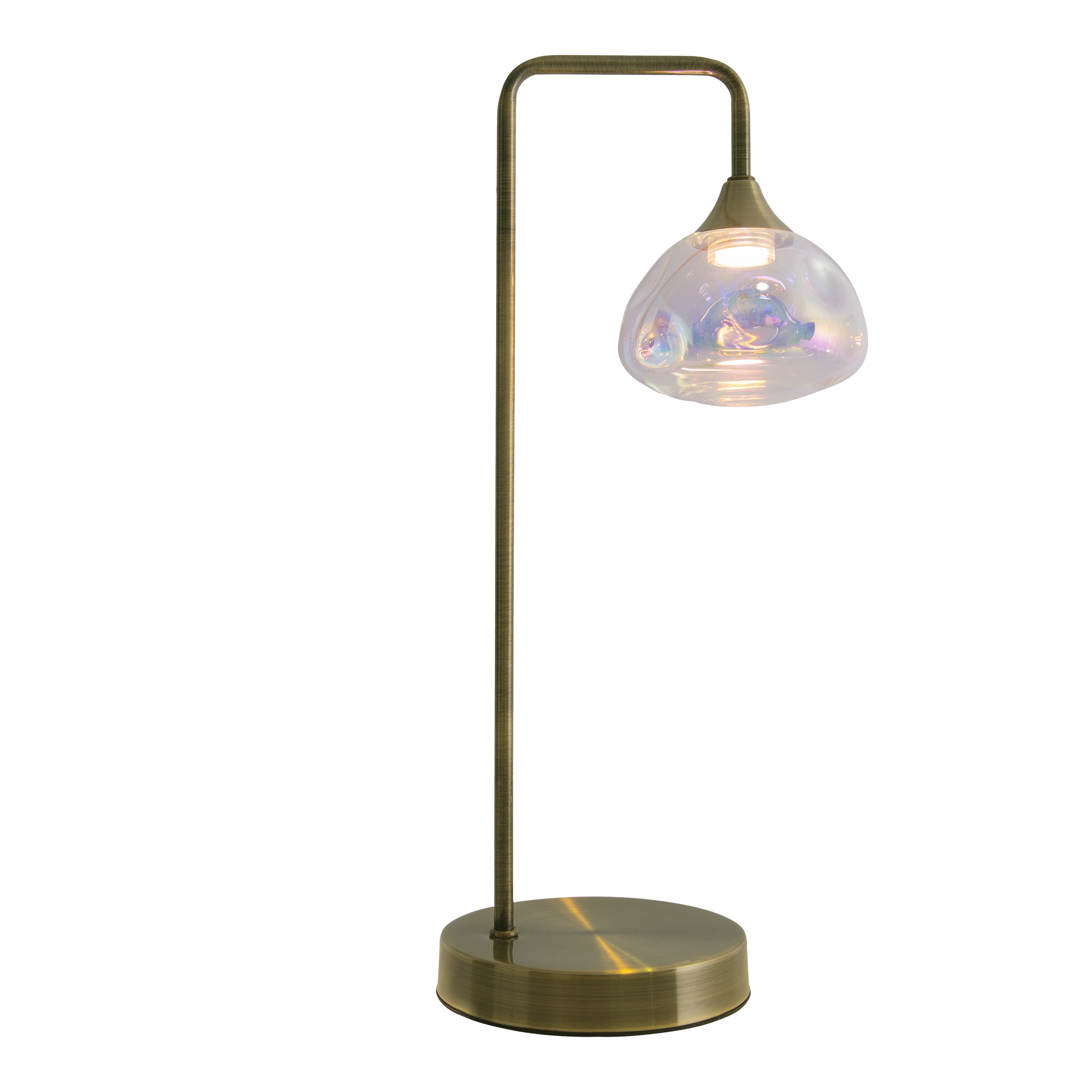 Eine Tischlampe mit Messingfuß und -ständer. Oben ein transparenter, blasenartiger Schirm.