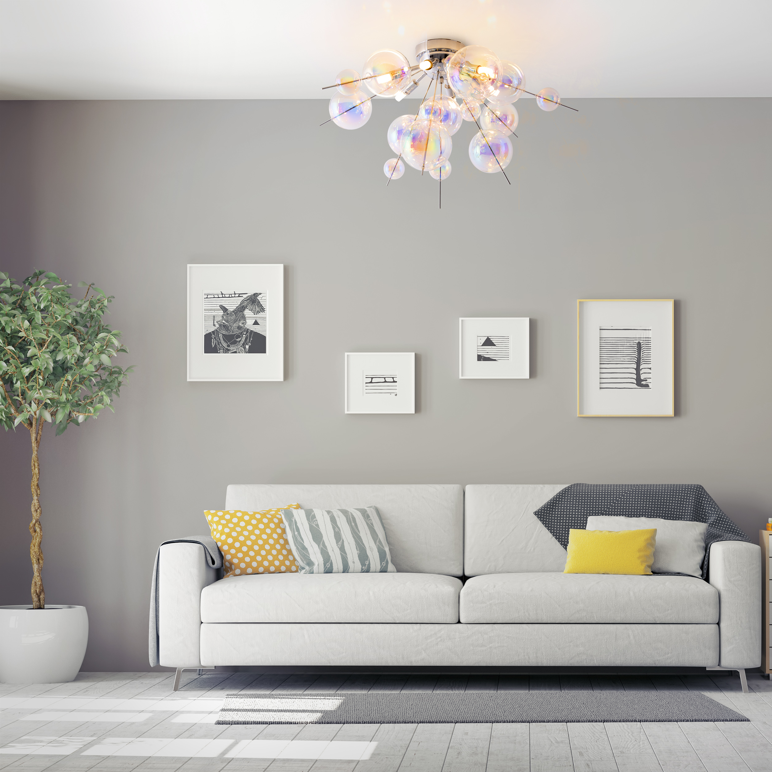 Wohnzimmer mit weißem Sofa, Kunstwerken und einer kugelförmigen Deckenleuchte.