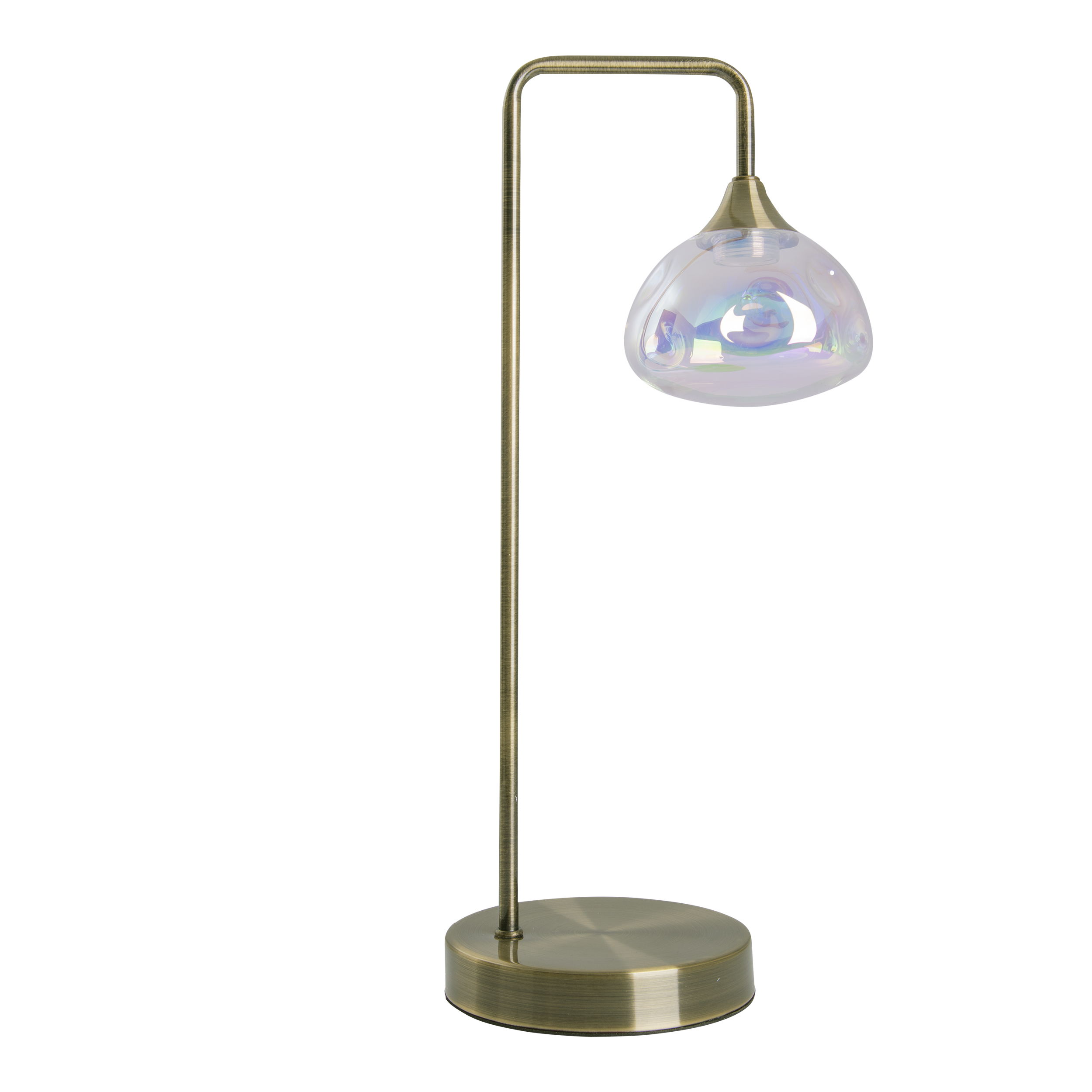 Tischlampe mit Messingfuß und -stiel sowie tropfenförmigem Schirm.