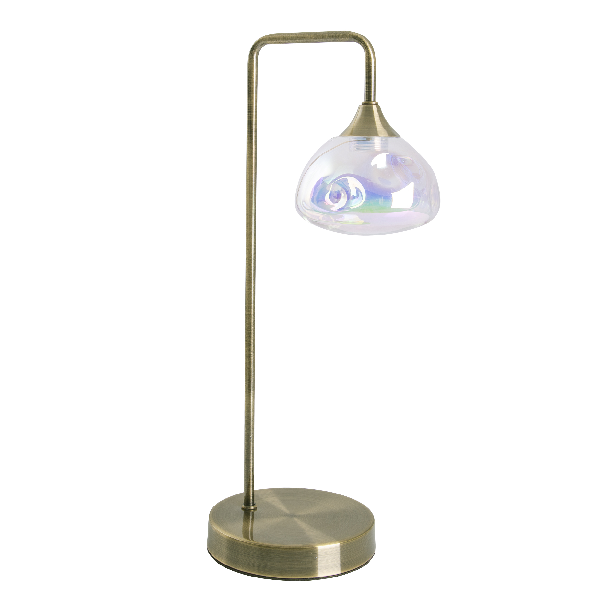 Tischlampe mit schillerndem Glasschirm und messingfarbenem Sockel und Arm.