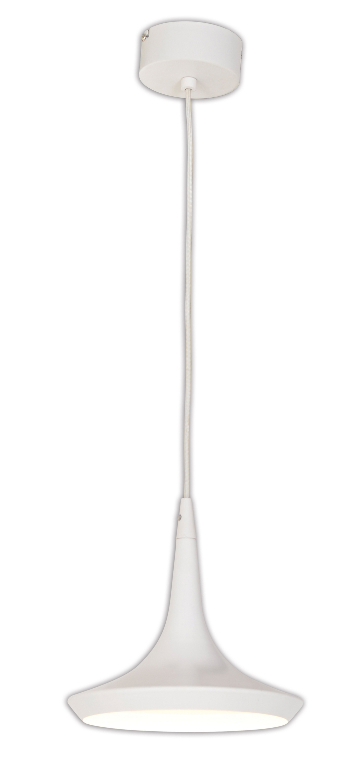 Weiße, kegelförmige Pendelleuchte, von der Decke hängend. Einfaches, minimalistisches Design.
