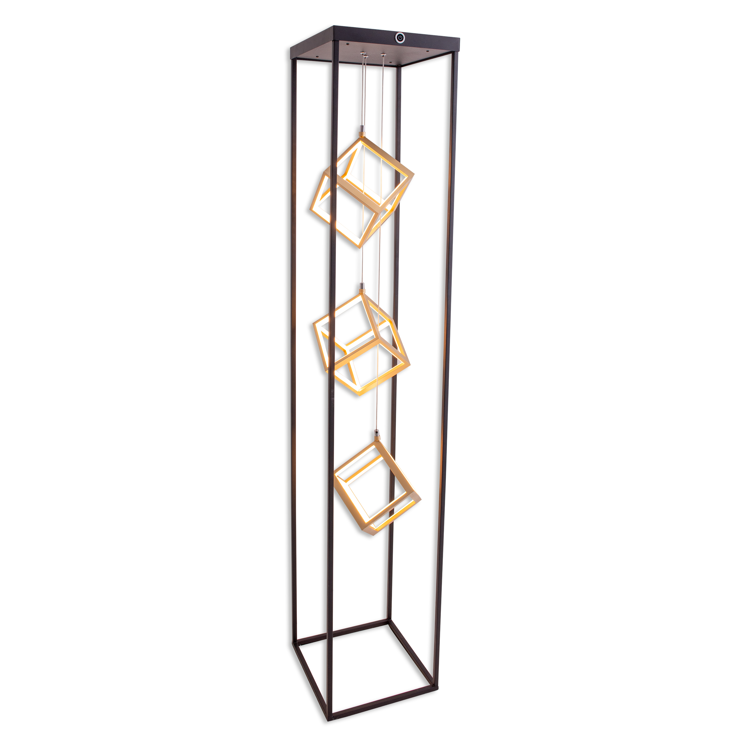Hohe, schwarze, vertikale Lampe mit drei beleuchteten, goldenen Würfelleuchten.