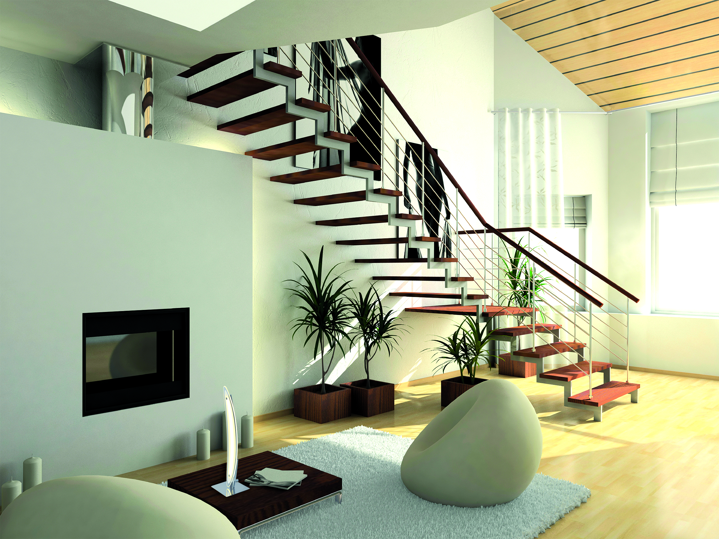 Modernes Interieur mit weißen Wänden, Holztreppen, Kamin, weißem Teppich und Zimmerpflanzen.