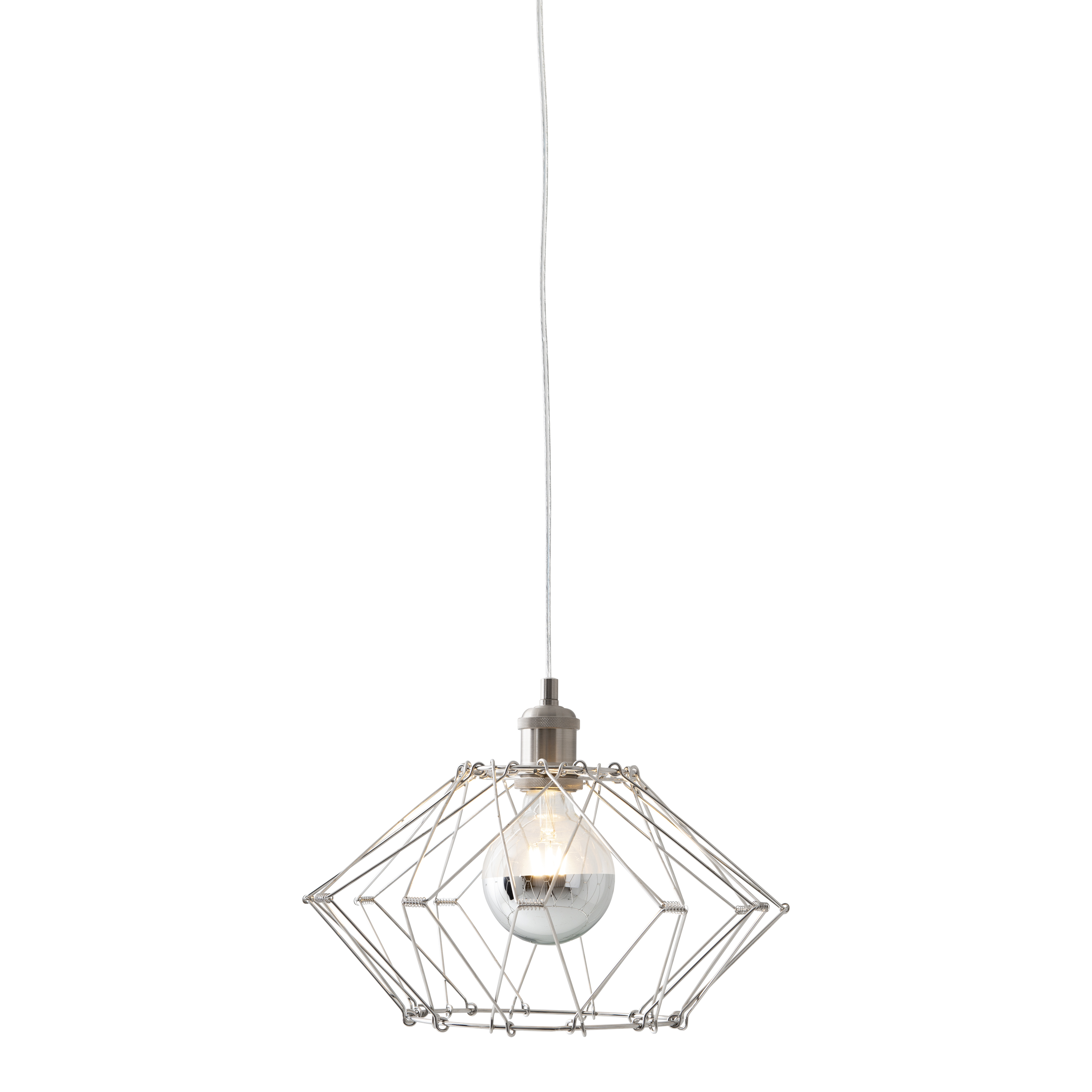 Eine moderne Pendelleuchte mit Chromdrahtrahmen und einer Glühbirne mit reflektierendem Globus.