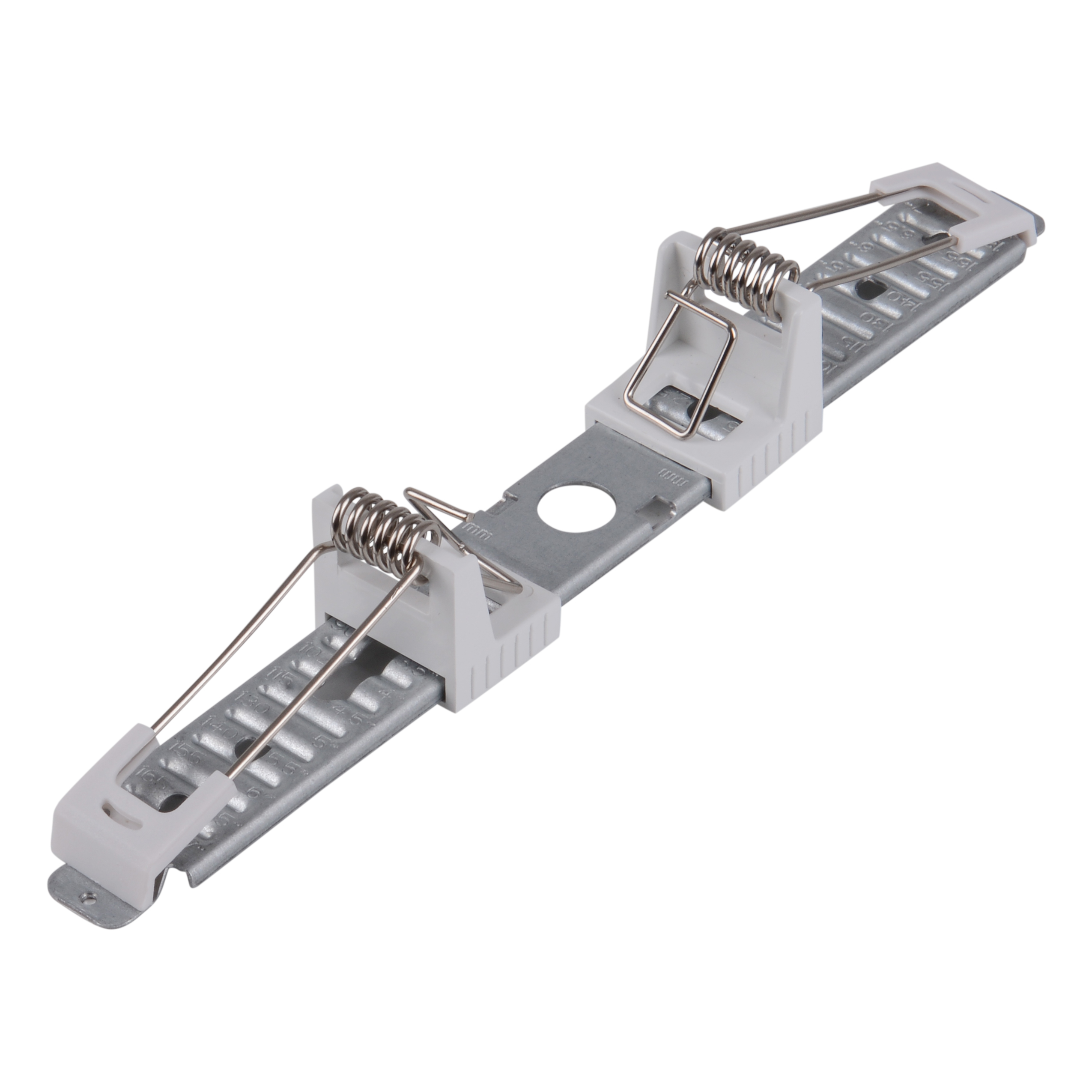 Metall-Montagehalterung mit federbelasteten Clips und Schlitzen für die Deckenleuchteninstallation.