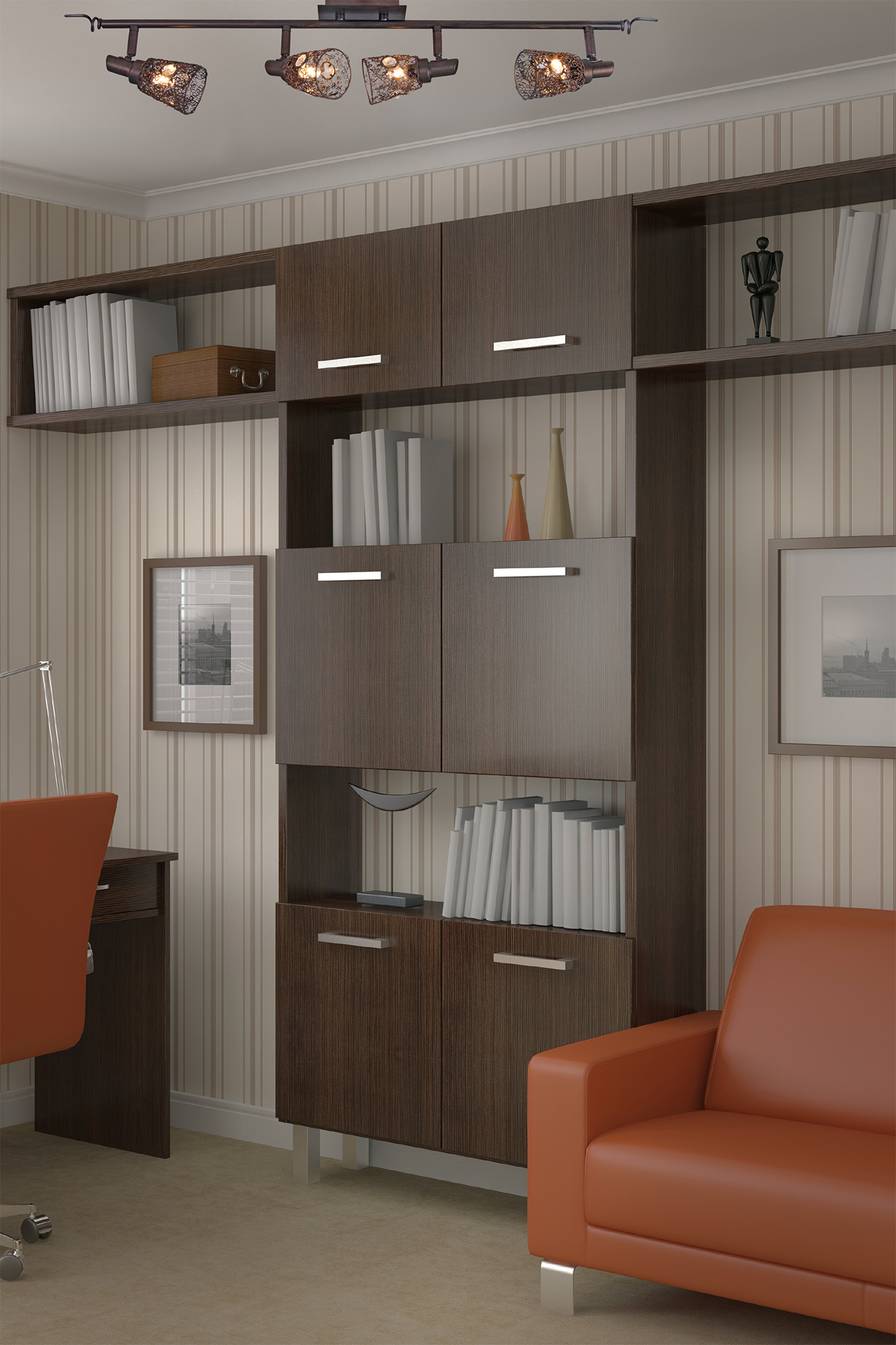 Büro- oder Bibliotheksraum mit dunklen Holzmöbeln, einem Schreibtisch und einem Ledersessel. Gestreifte Tapete.